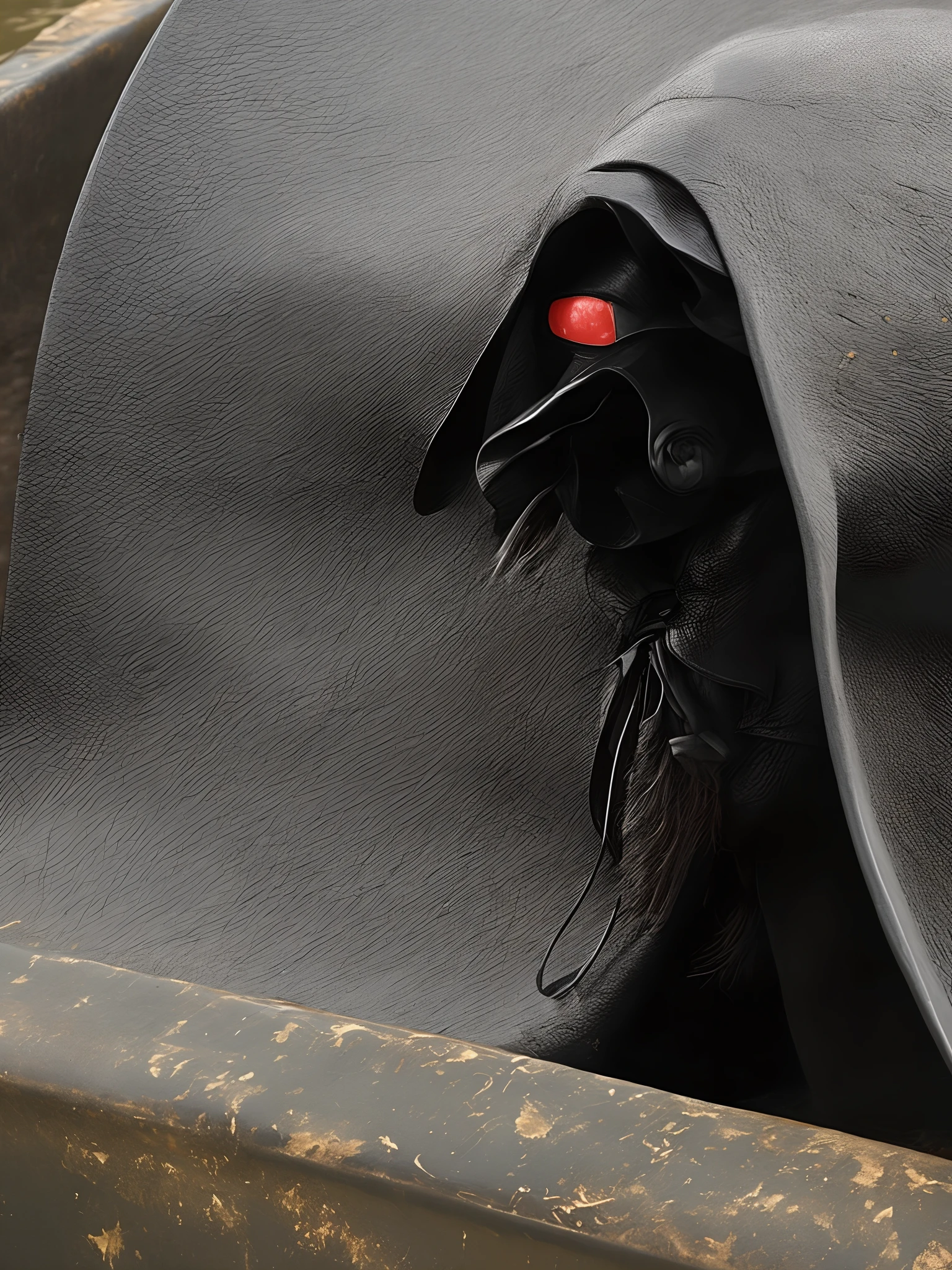 A black hat, a thick black veil hanging from under the raft, the face is covered with eyes and mouth and can hardly be seen, beyond that is a silhouette, a black suit, a woman with long black leather gloves and black leather long boots.
