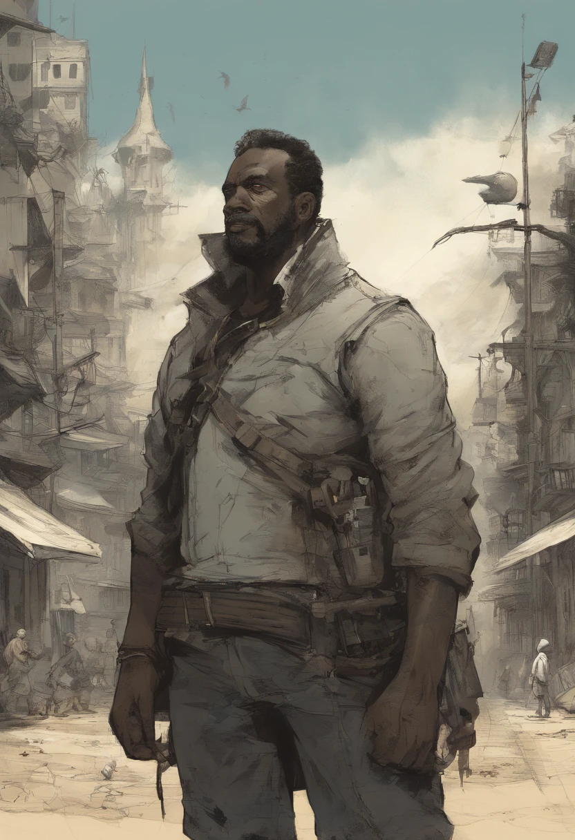 Pintura de Jean-Baptiste Monge retratando (de frente) ((um menino negro)) (de bermuda e camisa de praia) (Na rua), (com um pequeno pinguim), (Estilo Pixar)++, Jean-Baptiste Monge, Post-apocalyptic city --Air 2:3 --testp -otimista;