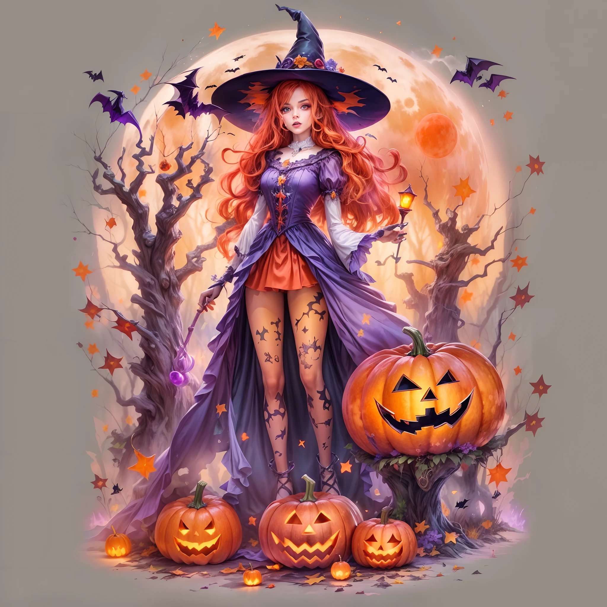 Whimsical Halloween Witch, Wear energetic and playful magical costumes, Stand in a magical forest filled with colorful magic splashes, ,Hellbringers,red - eyed,Meniscus,Red Moon,borgar,pumpkins,the bats, Cartoon style with watercolor effects, 2D, and white background. Perfect for character design or fantasy-themed t-shirt design, 8K
