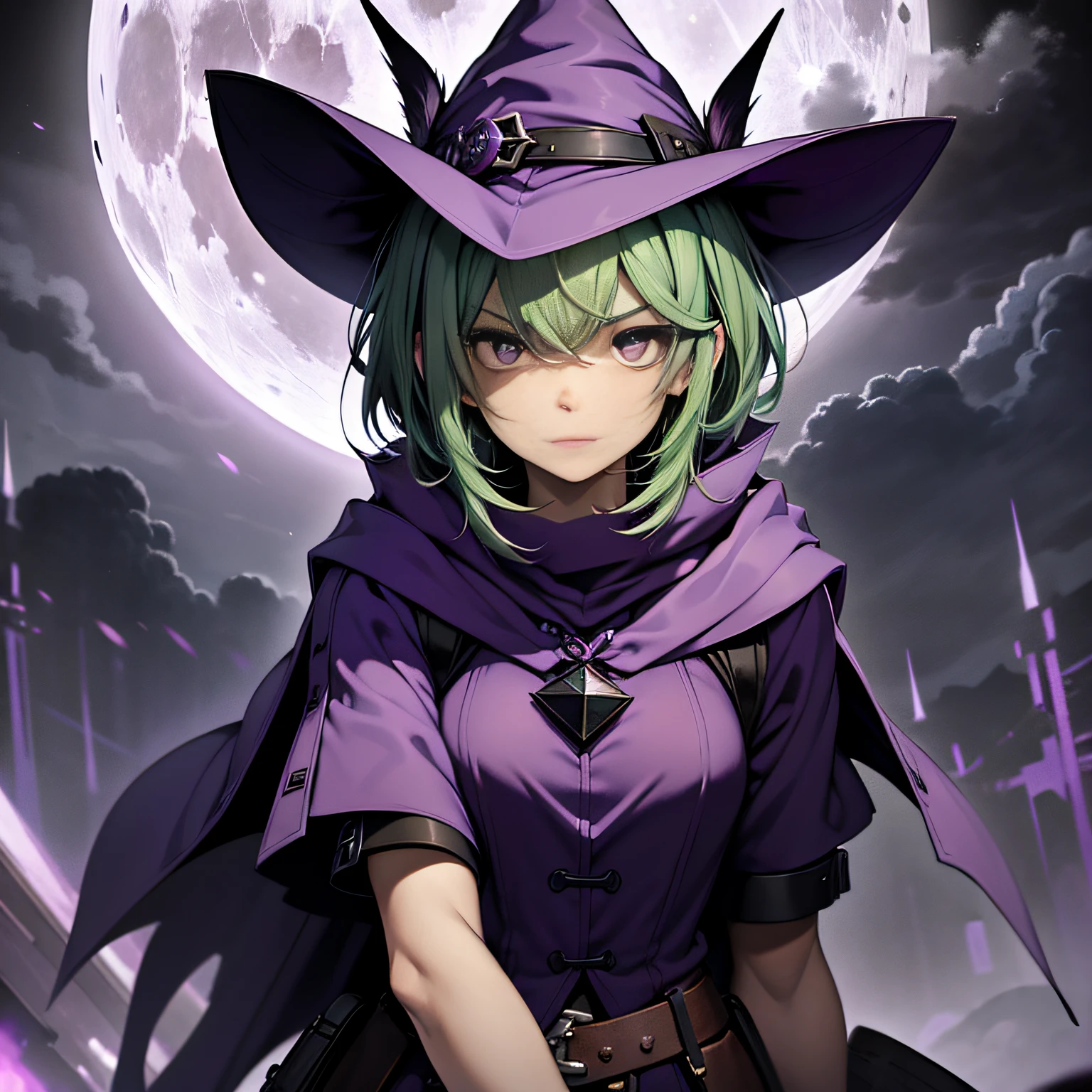 top-quality、extremely delicate and beautiful、(A )、Purple Eye、Green hair、short-haired、(purple witch hat)、Purple tie、Tactical Vest、Soio、shortsleeves、Purple skirt、Purple Wizard Robe、Navel、is standing、Facing the front、Villain side、Expression of hatred、Full moon night on background、Only eyes