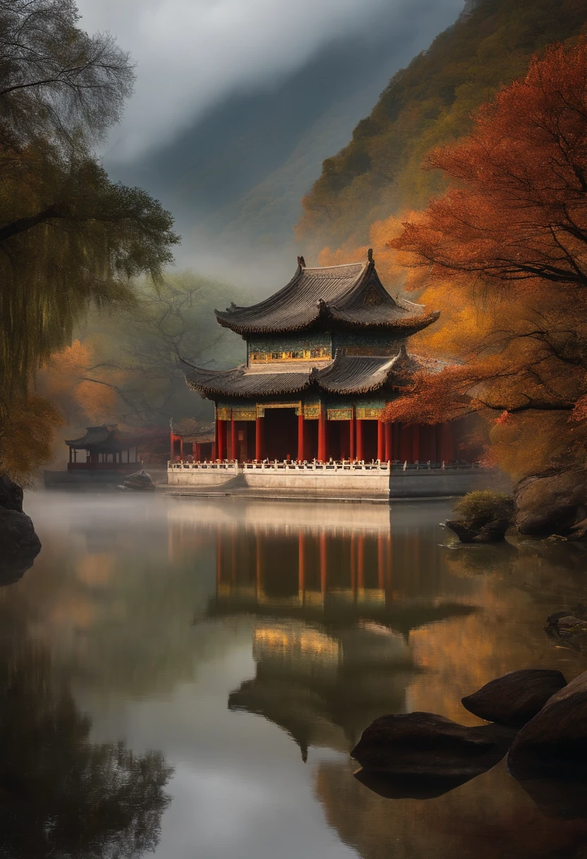 Generate a visually stunning resolution masterpiece image from a "Ancient but Contemporary Chinese Structure" It stands majestically in the midst of the ethereal mist, surrounded by towering mountain peaks. Dawn projects a warm, Resplandor dorado en el paisaje, while the tranquil lake below perfectly reflects the architectural beauty. The surroundings exude a sense of serenity and timeless grandeur. El estilo es fotorrealista, Captura de cada detalle minucioso. camera: Canon EOS 5D Mark IV. lente: Canon EF 24-70mm f/2.8L II USM.