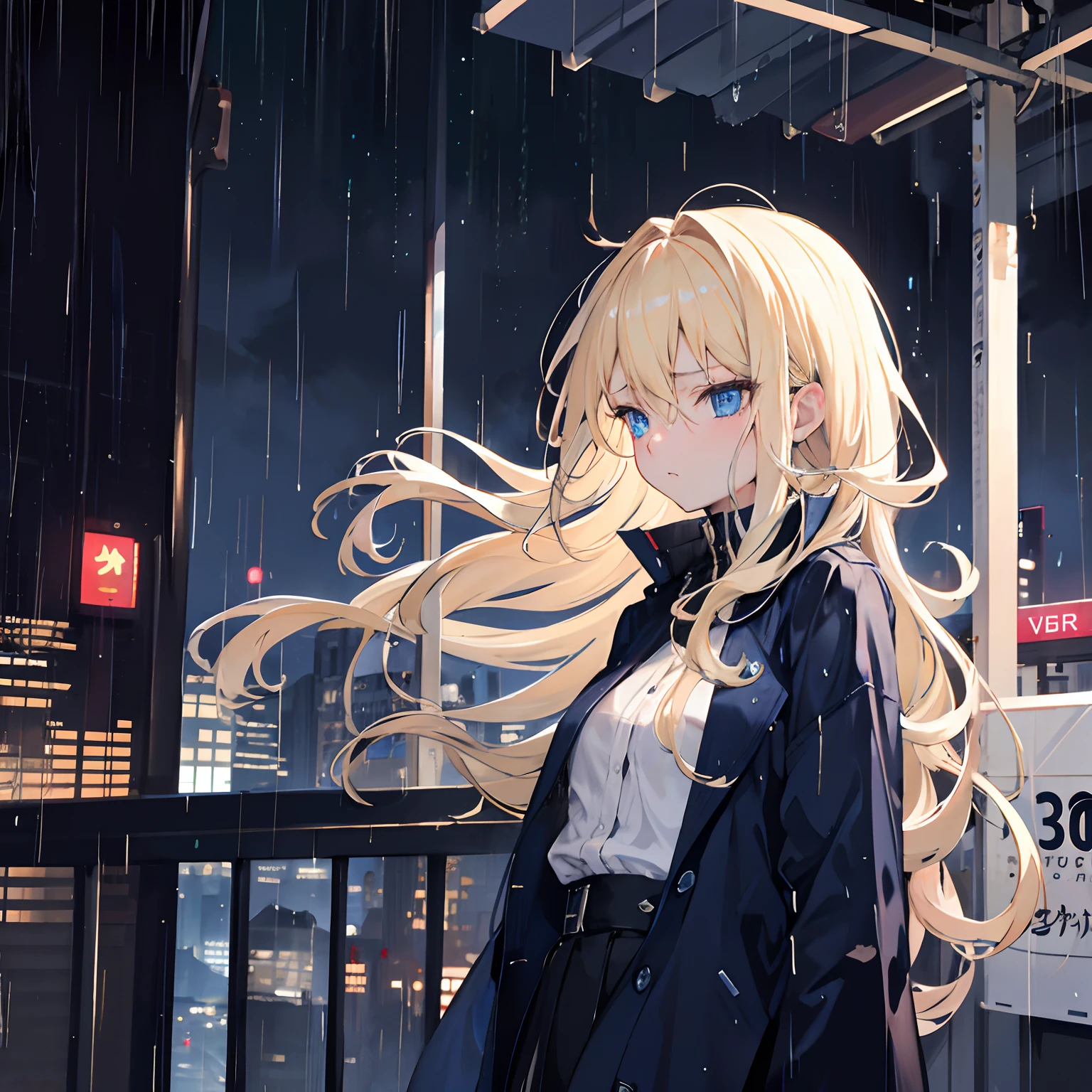 A woman in her twenties,Long blonde hair,eBlue eyes,expression sad,Night City,rain,Exposed laundry