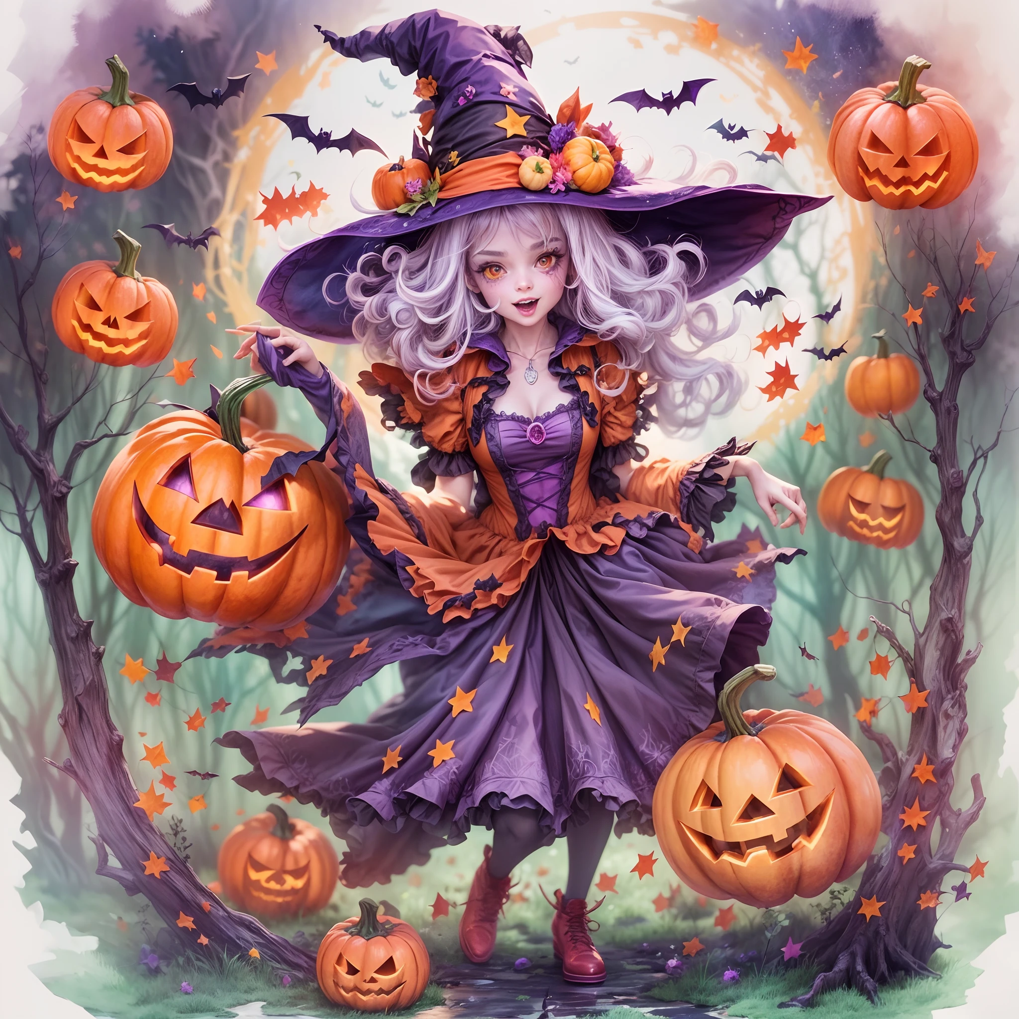 Whimsical Halloween Witch, Wear energetic and playful magical costumes, Stand in a magical forest filled with colorful magic splashes, ，Hellbringers，red - eyed，Meniscus，Red Moon，borgar，pumpkins，the bats, Cartoon style with watercolor effects, 2D, and white background. Perfect for character design or fantasy-themed t-shirt design, 8K