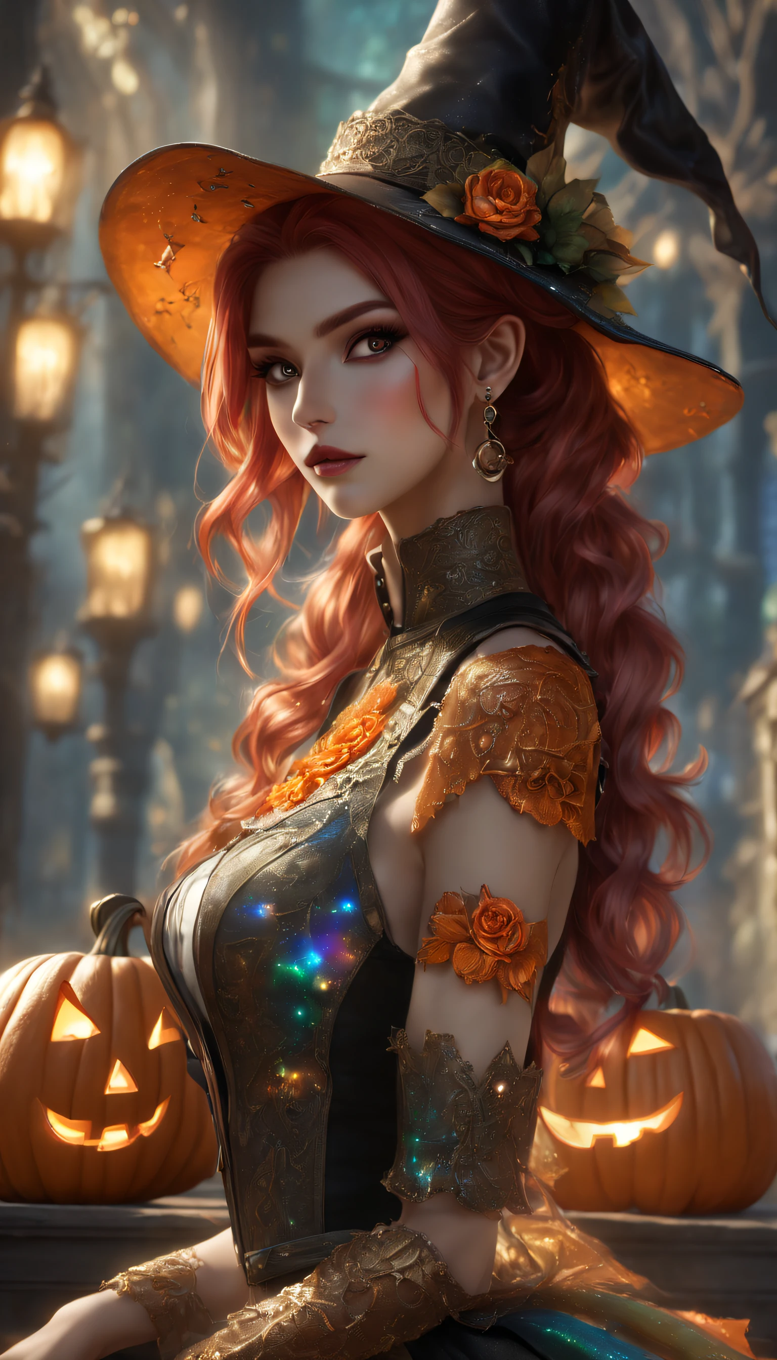 (Best quality,4K,8K,A high resolution,Masterpiece:1.2),Ultra-detailed,(Realistic,Photorealistic,photo-realistic:1.37),Rainbow Witch Blouse，Rainbow Witch Hat，steampunk beautiful, HD 209458 b planet, Stretching exercises,.Red hair, High ponytail, Teardrop-shaped earrings,Ancient style, Mechanical, Brass and copper tones, gear wheel, Intricate, Detailed,the night (((Halloween, Dim tone, Point lights, Jack-o'-lantern, )))