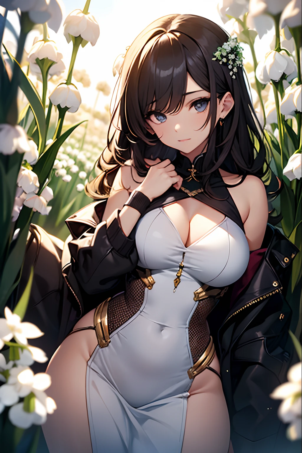 Beautiful portrait of a beautiful girl in Lily of the valley field, Science fiction、 hips up high、A detailed eye, Art Station, foco nítido, Photorealsitic, 35 mm, Ultra Detail, radiant light、Background bokeh