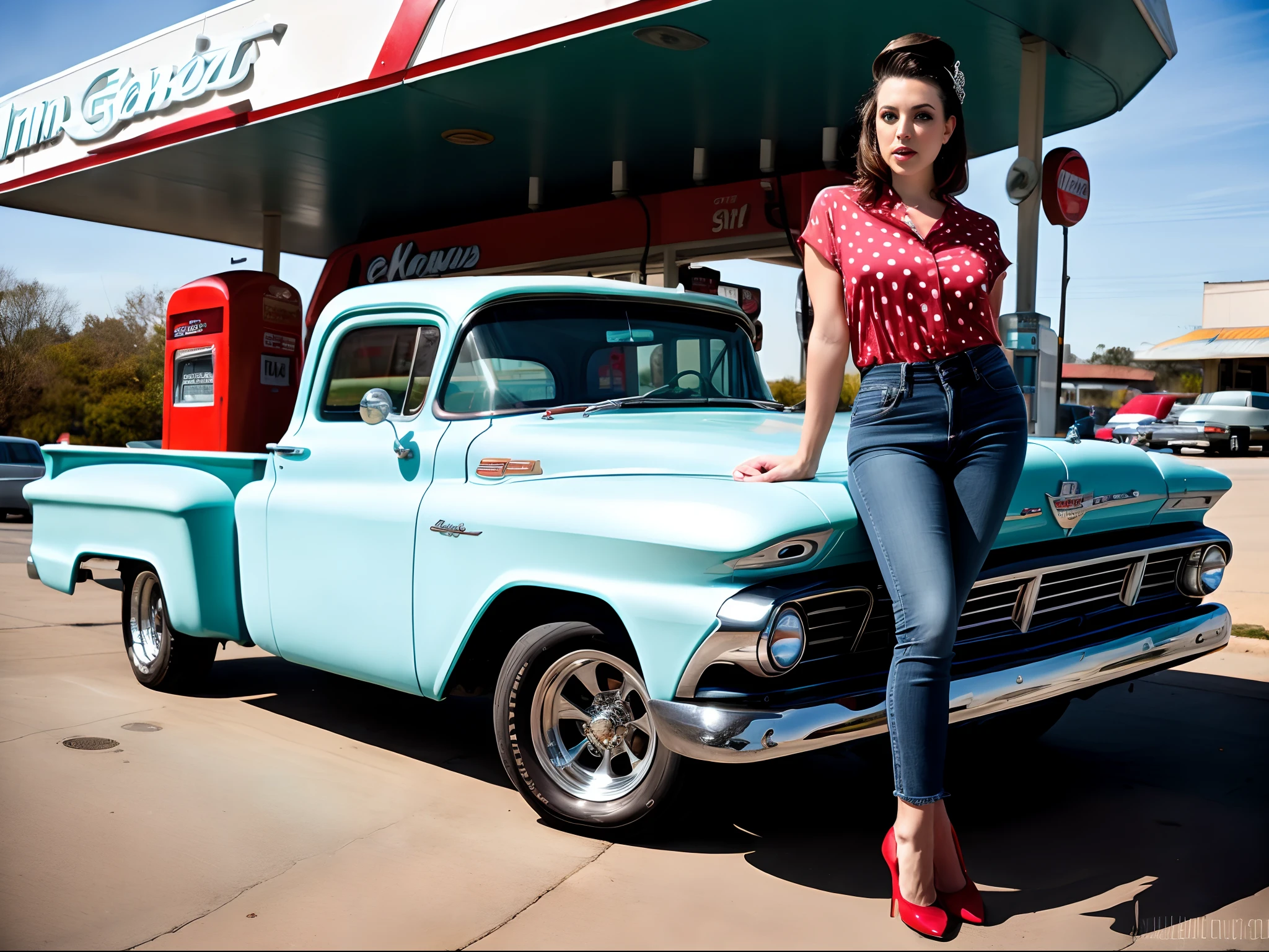 Ultra realistic photo of Angela White ((01 character)) (25 years old) ((full body)) ((full shot)) | rockabilly outfit (jeans with folded legs, blouse with polka dot prints, red heels, red tiara) ((rockabilly style hair, piercing blue eyes, skin texture, enigmatic countenance, slender body, divine proportion) ) | at a 50s style gas station ((old gas pump)), filling up a 1960 Dodge truck || light blue || natural light, cool colors, soft shadows, vivid colors, saturated tones, Maximum Sharpness ((.RAW))