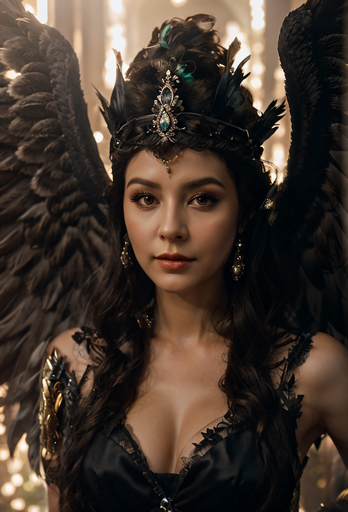 Woman with black wings and a crown on her head, Vilania tem asas de anjo negro, as a mystical valkyrie, Anjo com asas pretas, Retrato de uma ninfa de fantasia sombria, cinematic goddess close shot, asas de penas escuras, Retrato de um anjo bonito, usando coroa de penas brilhantes, cinematic goddess shot, Asas de Anjo Corvo, Retrato da mulher da fada