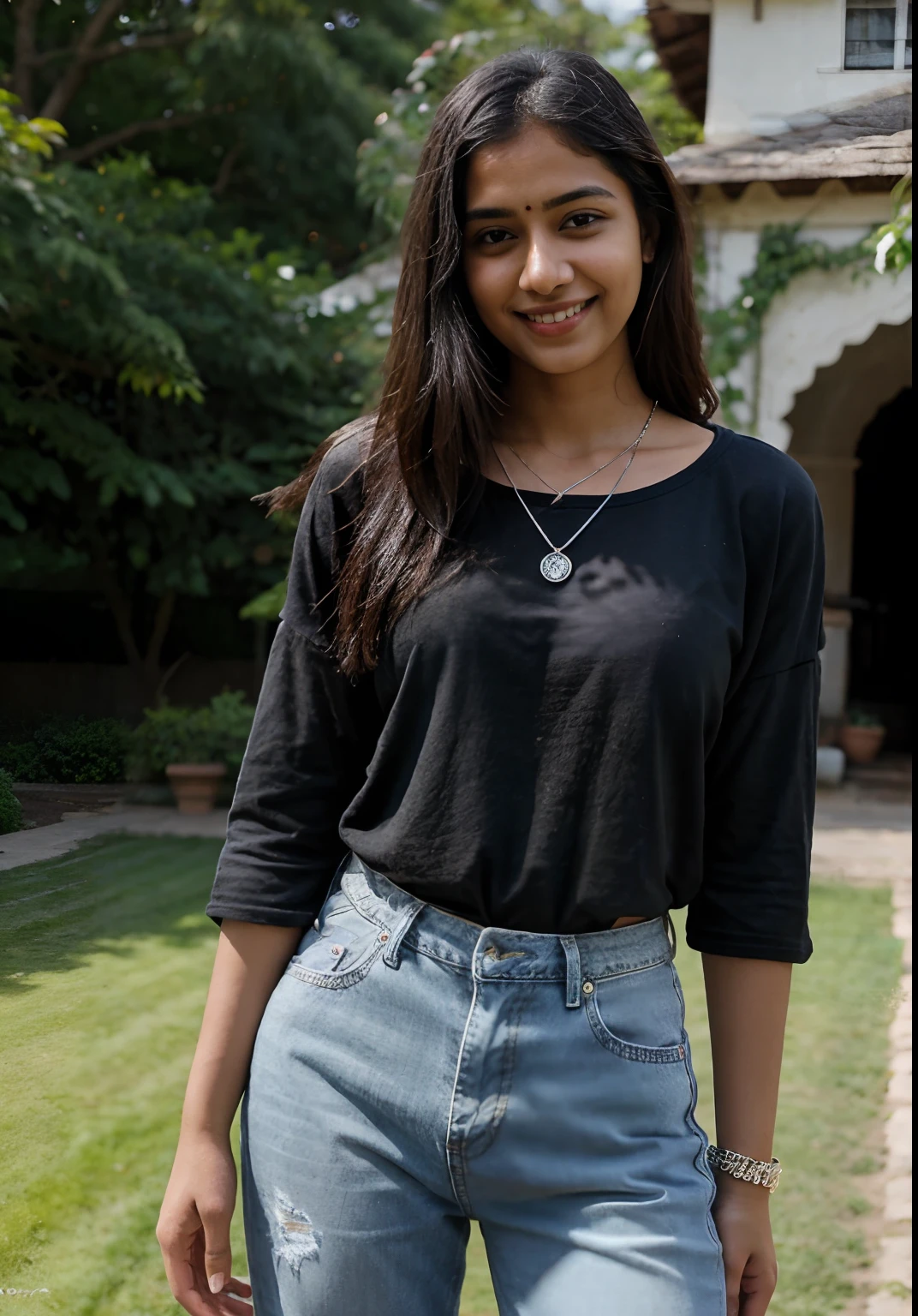 RAW photo, photo of beautiful 24 year old Indian woman, smiling face, wearing black colored oversized tshirt, blue jeans, shy face, hard shadows, cinematic shot, day photo, quite slim, candid, half sleeves, fair tone, garden in background, wearing a simple silver pendent