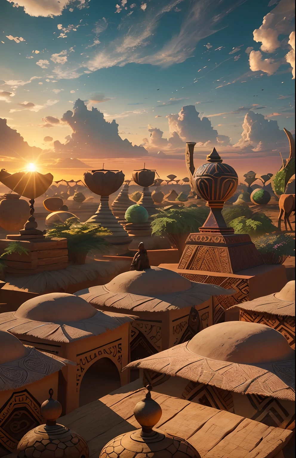 An African kingdom of the 19th century full of African people, African markets, vegetation, African sculptures,  beautiful sunrise shining, with beautiful iridescent light, artgerm style, 32k, ultra HD, unreal engine rendered, hyper-realistic image --auto --s2