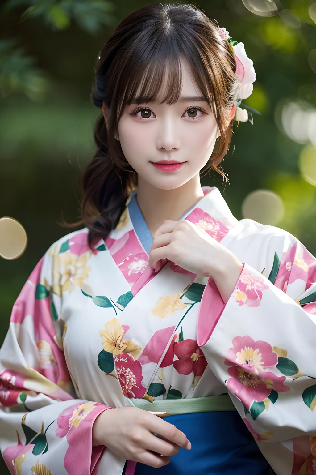 (Kimono)、randome pose、(top-quality,masterpiece:1.3,超A high resolution,),(ultra-detailliert,Caustics),(Photorealsitic:1.4,RAW shooting,)Ultra-realistic capture,A highly detailed,High resolution 16K human skin closeup、 Skin texture is natural、、The skin looks healthy with an even tone、 Use natural light and color,女の子1人,japanes,33yo,kawaii,A dark-haired,Middle hair,,smil,,(depth of fields、chromatic abberation、、Wide range of lighting、Natural Shading、)、