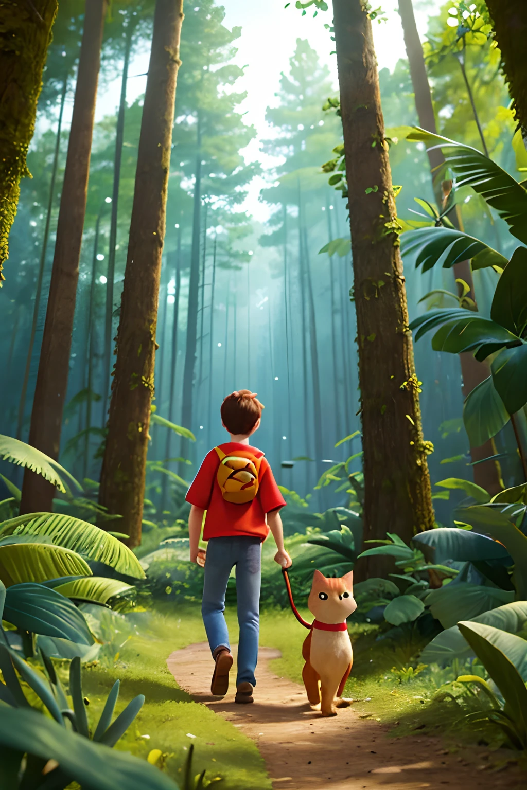 Disney Pixar poster. An adventurous young man is walking Towards the camera with his cat through a dark forest full of unique plants, The atmosphere in the forest is dark and lit by plants, Wearing blue and red clothes, the cat is orange with unique clothes
