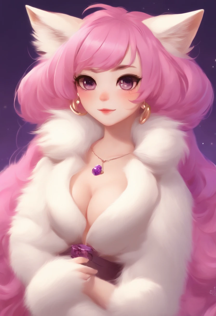 1girl, siamese cat fur, furry, medium breasts, front facing, (cream colored tanuki ears), tube top, portrait, purple background, short hair, fluffy big hair, (bright pink hair) curly hair, (((hair over eyes))), highest quality, adult, masterpiece, absurdres, (furry:1.5), curvy, cutesy, poodle tail, (kemono:1.4), saturated color, :P face