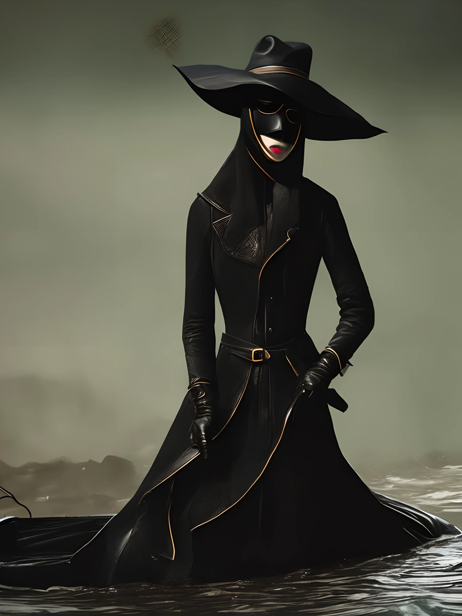 A black hat, a thick black veil hanging from under the raft, the face is covered with eyes and mouth and can hardly be seen, beyond that is a silhouette, a black suit, a woman with long black leather gloves and black leather long boots.