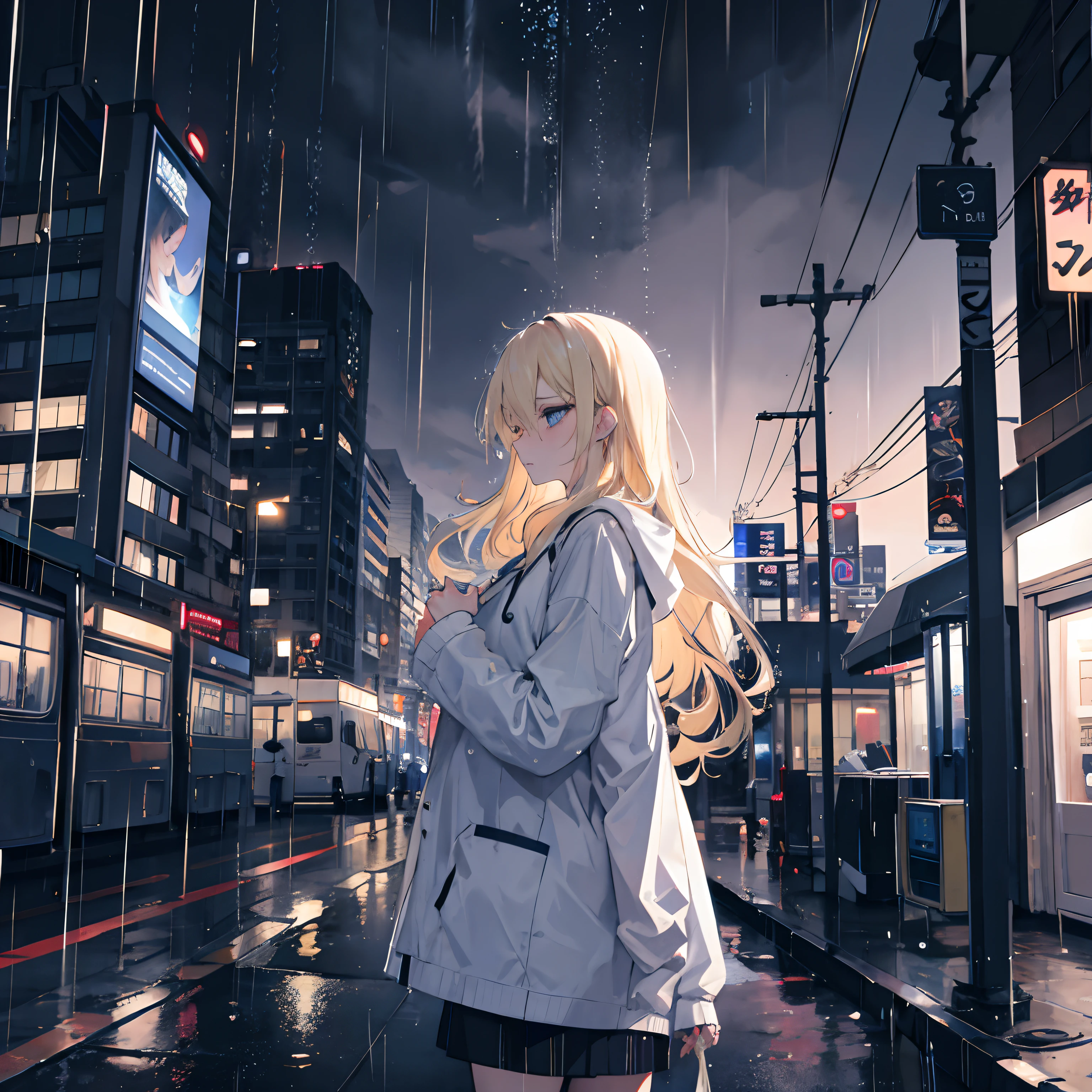 A woman in her twenties，Long blonde hair，eBlue eyes，expression sad，Night City,rain,Exposed laundry