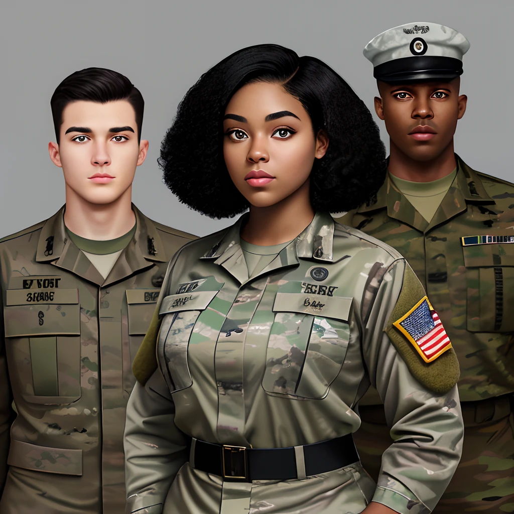 A 24 year old black woman with short, thick hair and emrald green eyes at a height of only 5'4 as is in the army. Standing with a New York black man with black hair, and silver eyes,  at the hight of 6 feet who is also part of the army.