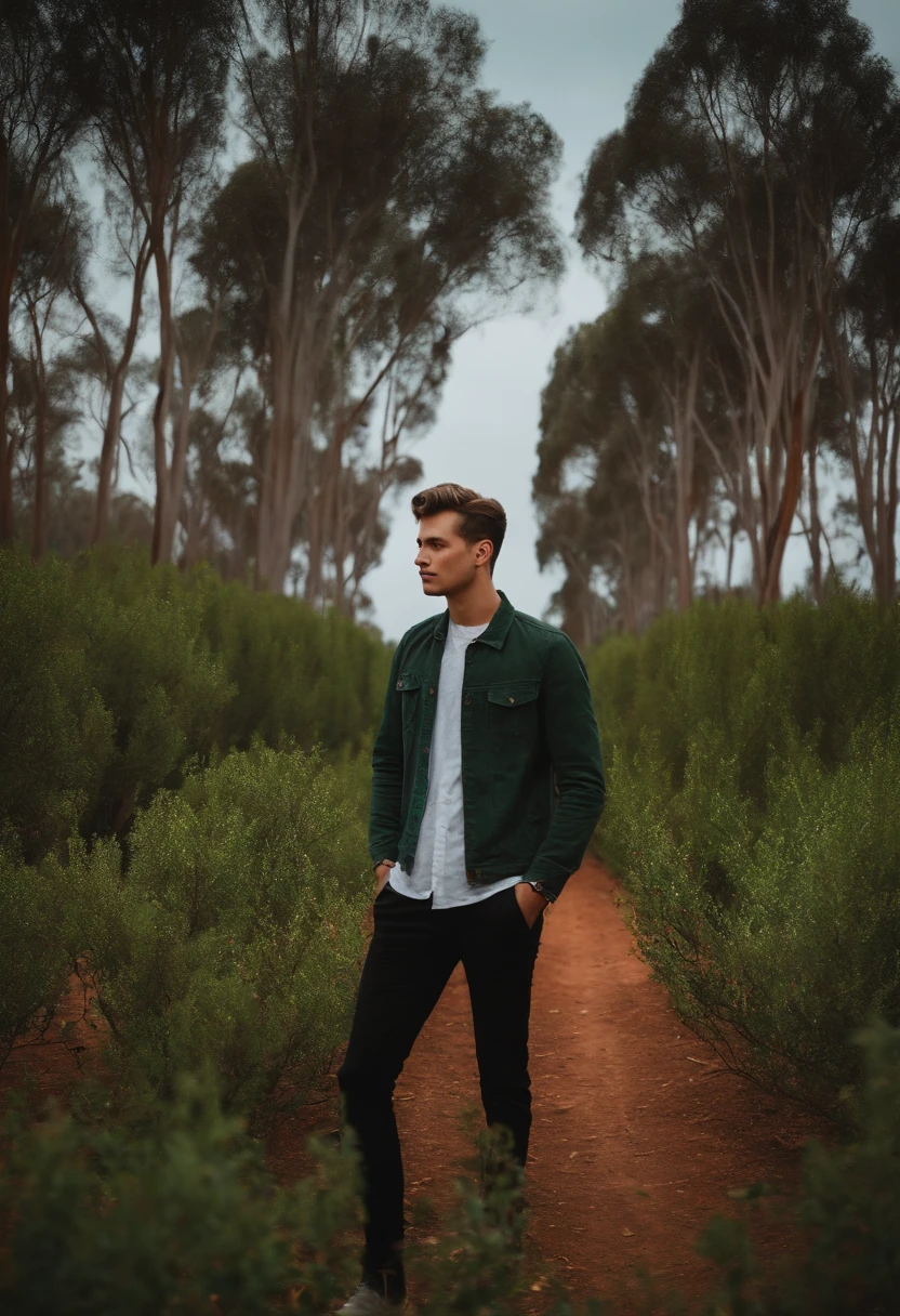 20-year-old man in front of a eucalyptus plantation