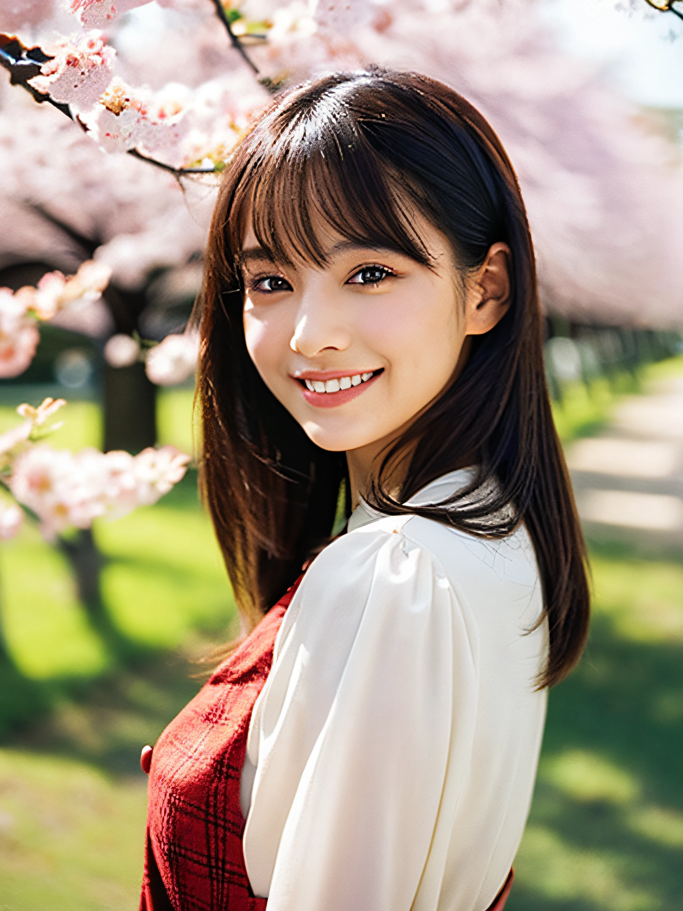 retro photography, 1960s-era , AGFA, Kodak, 1girl in, Portrait, up looking_で_viewer, Smile, Japan, tokyo prefecture, cherry blossom, Octane Render, Solo, rtrophto1