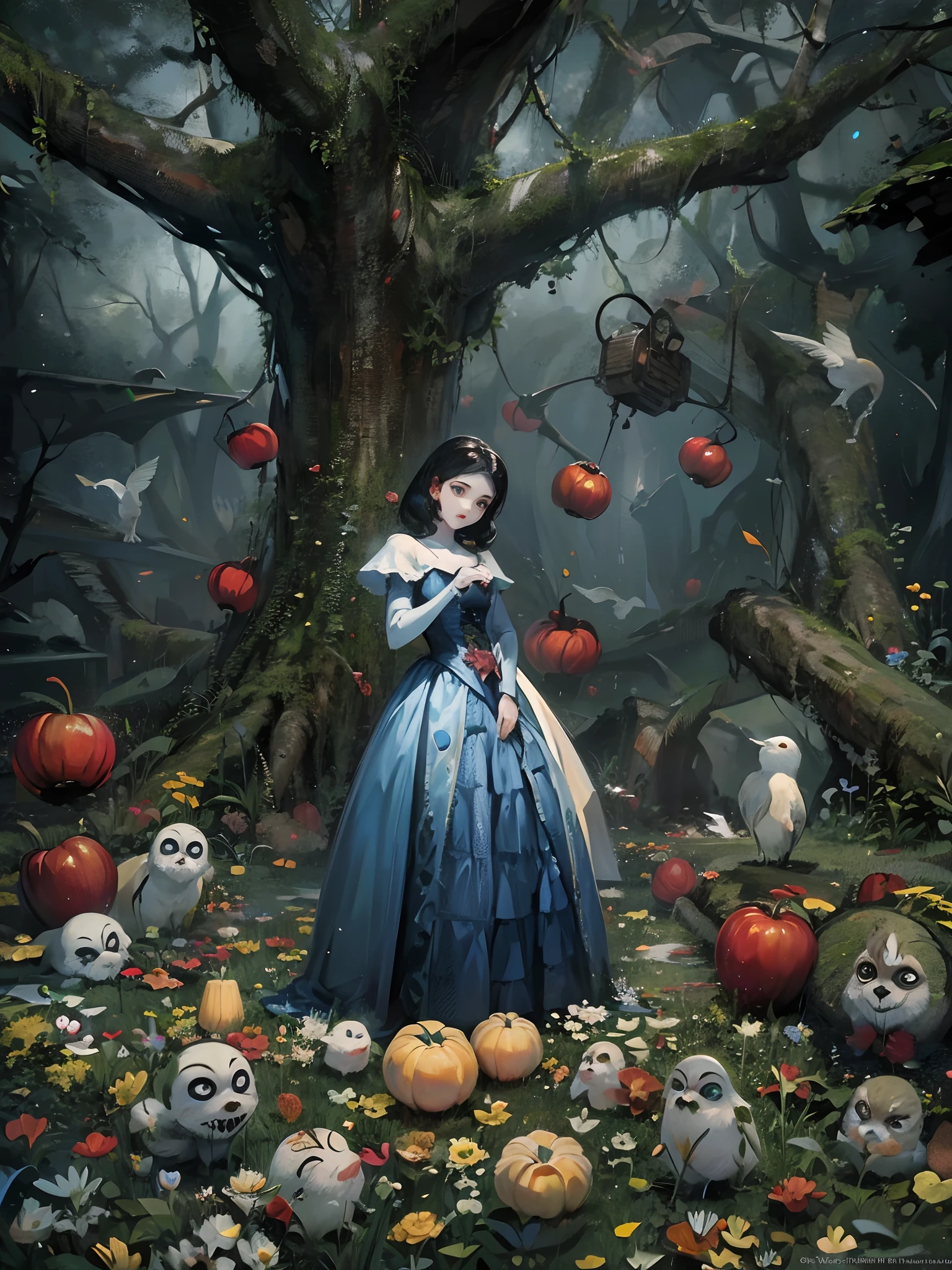 Absurdres masterpiece HDR high quality picture of a random scene from Snow White portrait with a Tim Burton theme style