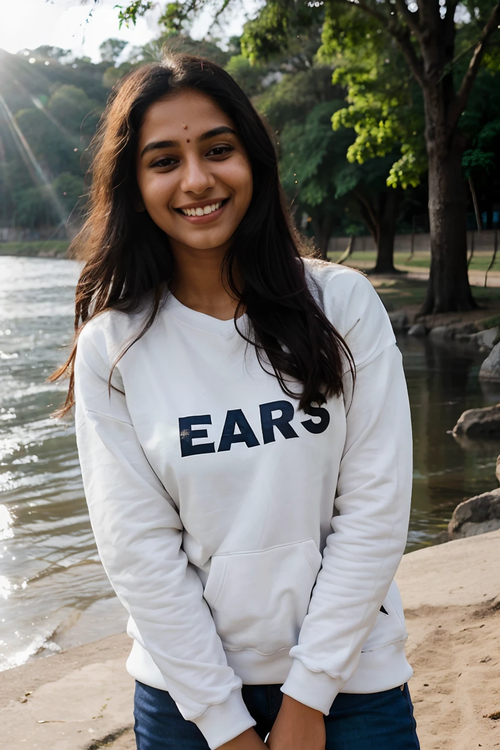 RAW photo, photo of beautiful 24 year old Indian woman, smiling face, wearing sweatshirt, smiling face, hard shadows, cinematic shot, hard sunlight photo, quite slim, clean forehead, fair tone, river in background