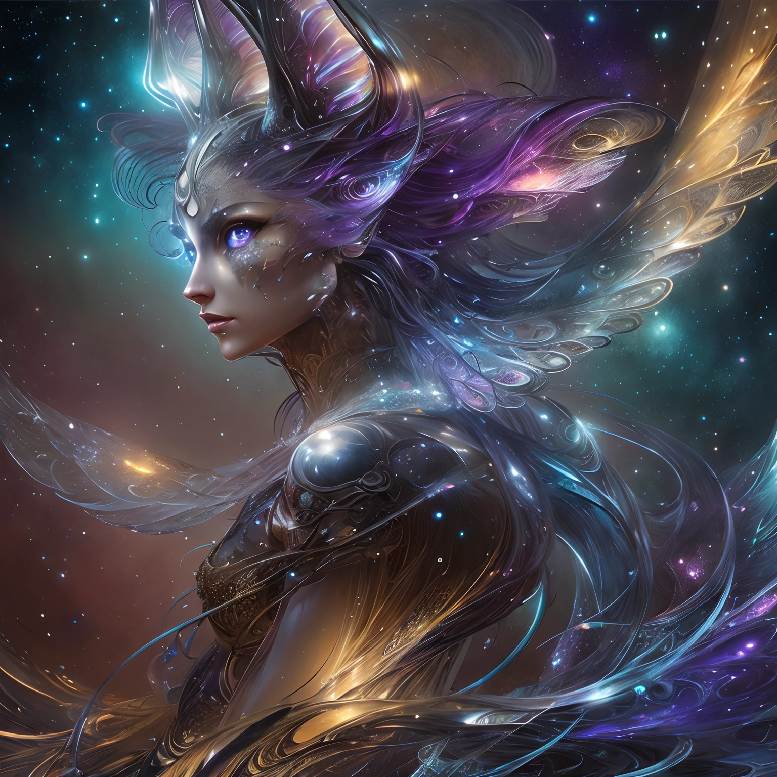 Galactic cat with a lot of hair on its head、Staring at something in the distance、Android Jones、high detail digital painting、Wet paint、Fantasyart、oil painting
Lutkowski、HDR、intricate detailes、Hyper-detailing、cinematic、Rim Lights