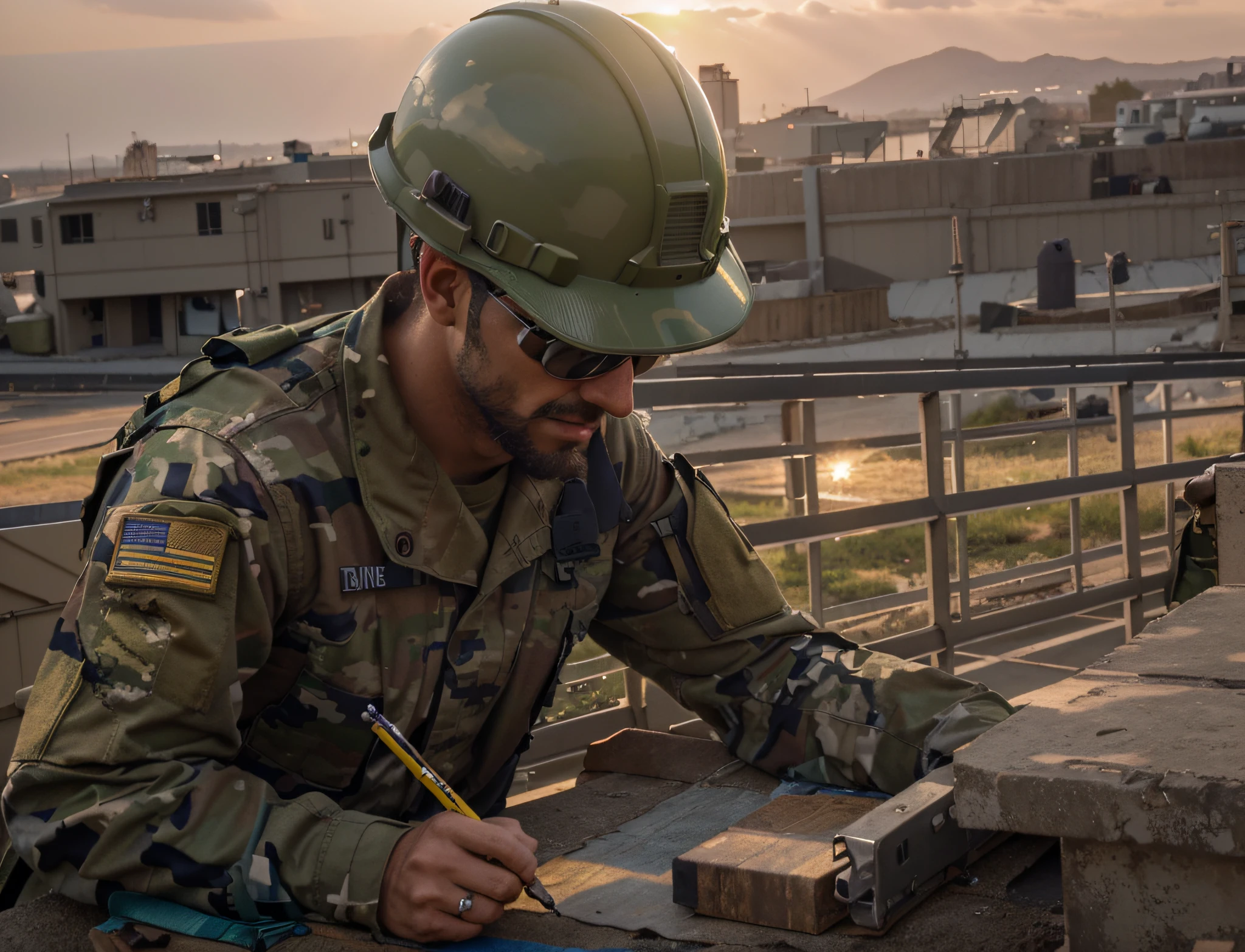 male engineer soldier, Man green camouflage military uniform with blue details, yellow construction helmet with blue details, Man with British features, The man is writing, Background image, exterior, North American military base, beautiful sunset, Ultra detailed, Hyper realistic, 4k, Ultra detailed image, realistic, Highly detailed, perfect composition, beautiful intricately detailed incredibly detailed, 8K fine art photography, hyper detailed, Masterpiece