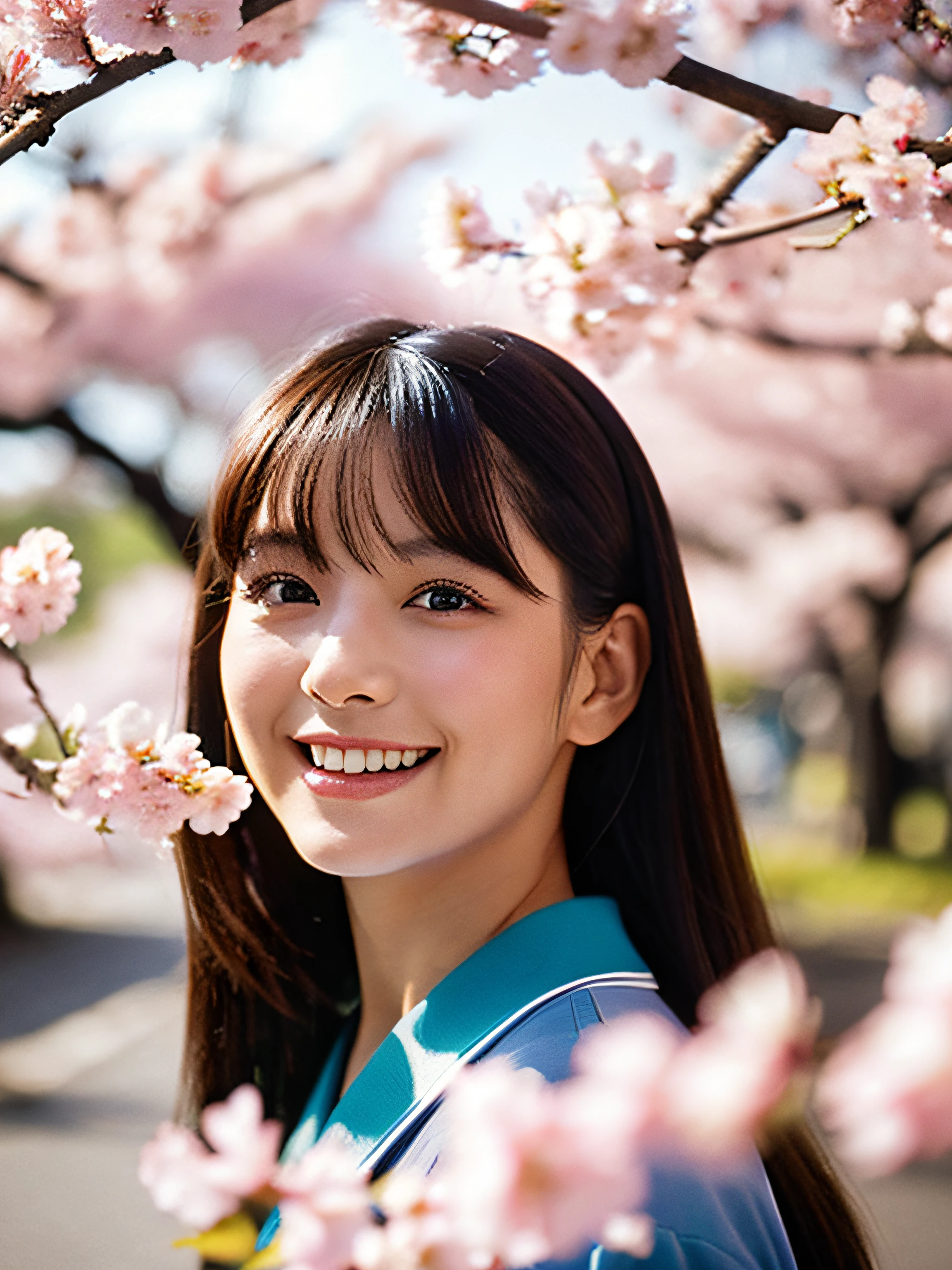 retro photography, 1960s-era , AGFA, Kodak, 1girl in, Portrait, up looking_で_viewer, Smile, Japan, tokyo prefecture, cherry blossom, Octane Render, Solo, rtrophto1