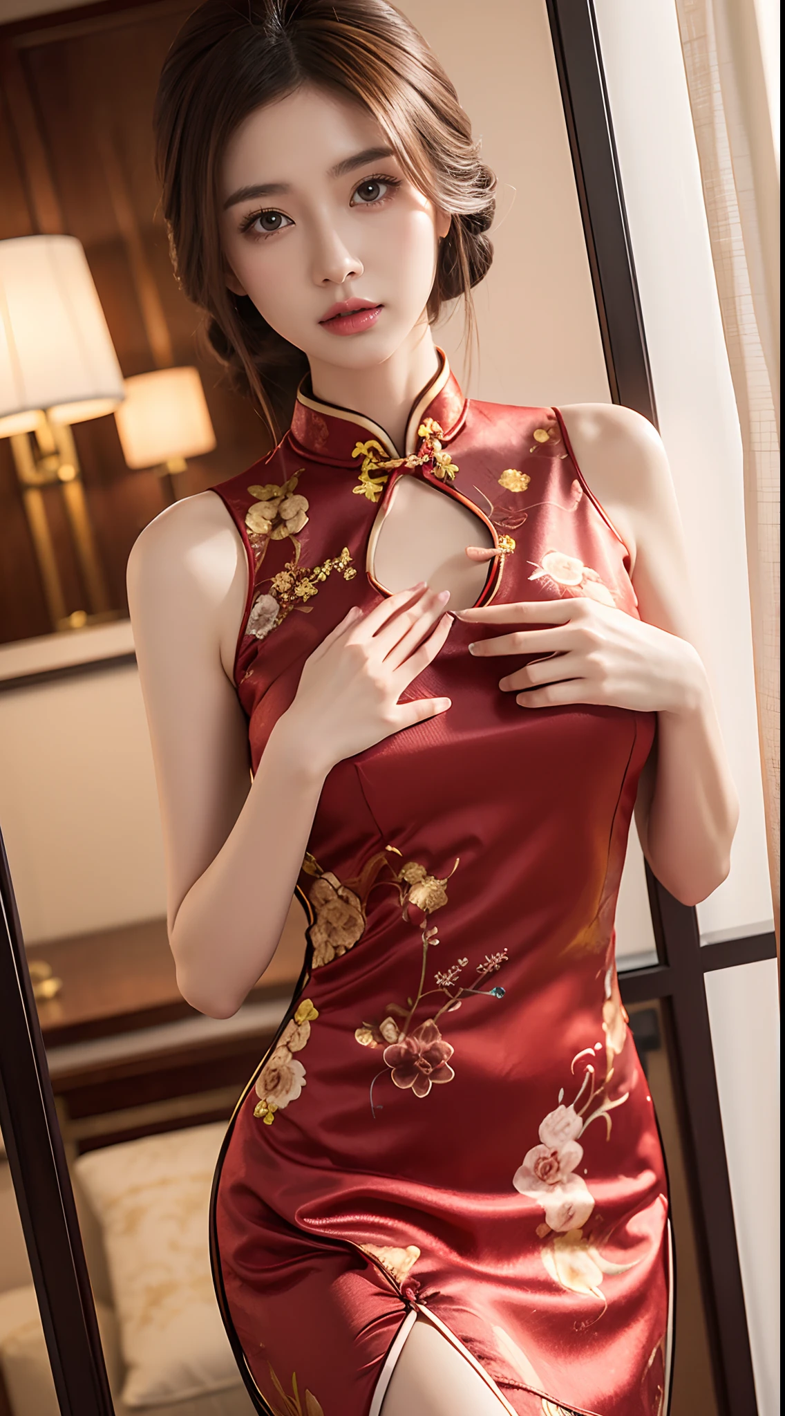 Mature Woman、(Crimson Hair)、((Black Hair))、(((Two-tone hair)))、(((A Chinese dress with delicate phoenix embroidery)))、((((A wall with a Chinese-style design))))、(((Detailed design)))、Slender women、Cute Woman、 8K Ultra HD,Detailed face、Delicate texture, Long Hair、(((Blunt bangs)))、Wavy Hair、Kung Fu Shoes、mini skirt、Chinese atmosphere、((Delicate photo))，(Girl Astepeace RAW Photo Details:1.25), (Highest quality:1.6), (Ultra-high resolution:1.5), (Realistic:1.75), 8k resolution, Canon EOS R5, 50mm, Absurd, Very detailed,Cinema Lighting