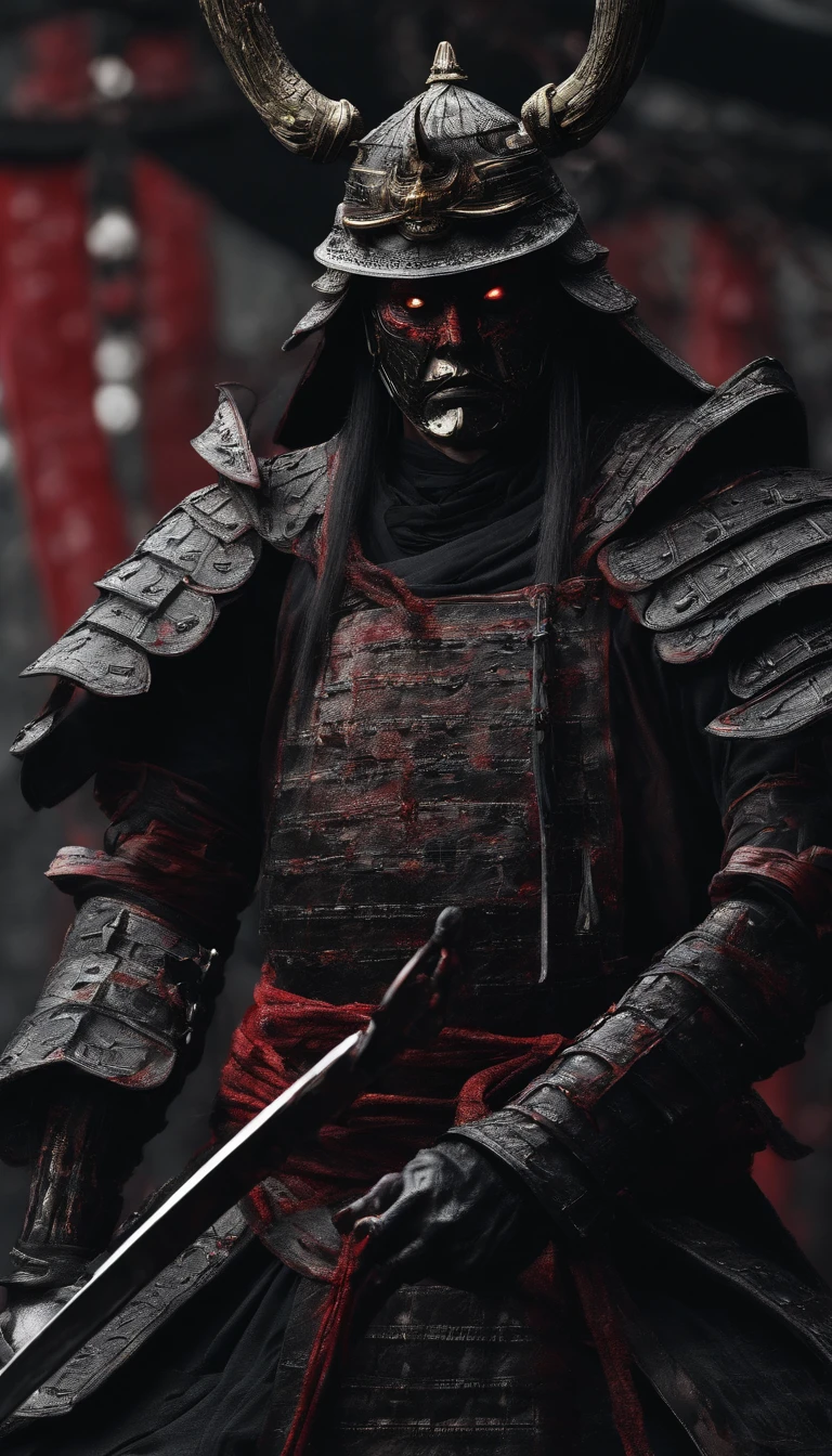 (Best quality,4K,8K,A high resolution,Masterpiece:1.2),Ultra-detailed,(Realistic,Photorealistic,photo-realistic:1.37),Feudal Japanese samurai of the Warring States period, Wearing a full suit of samurai armor, Wearing a black samurai mask, Wielding a sharp katana, Exudes a strong sense of intimidation, Glowing red eyes, Mikawa Samurai