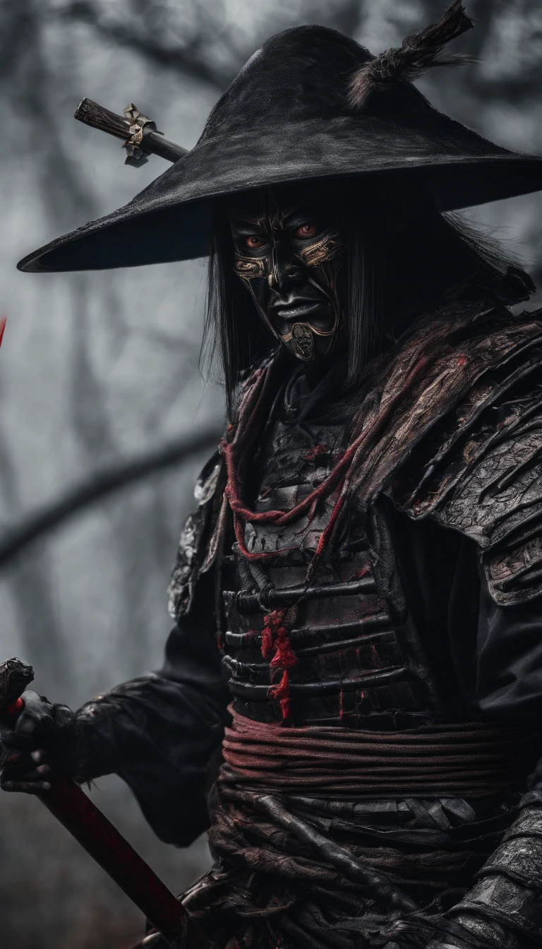 (Best quality,4K,8K,A high resolution,Masterpiece:1.2),Ultra-detailed,(Realistic,Photorealistic,photo-realistic:1.37),Feudal Japanese samurai of the Warring States period, Wearing a full suit of samurai armor, Wearing a black samurai mask, Wielding a sharp katana, Exudes a strong sense of intimidation, Glowing red eyes, Mikawa Samurai