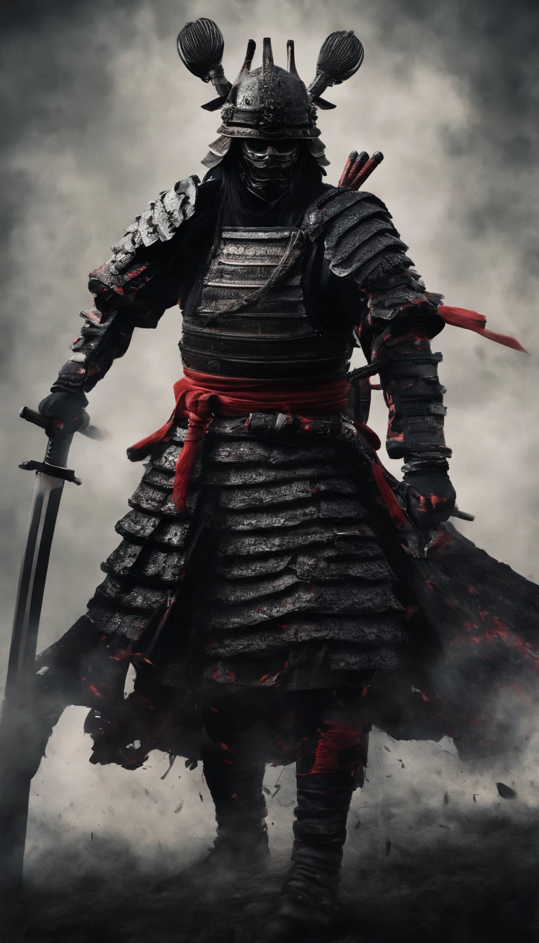 (Best quality,4K,8K,A high resolution,Masterpiece:1.2),Ultra-detailed,(Realistic,Photorealistic,photo-realistic:1.37),Feudal Japanese samurai of the Warring States period, Wearing a full suit of samurai armor, Wearing a black samurai mask, Wielding a sharp katana, Exudes a strong sense of intimidation, Glowing red eyes, Mikawa Samurai