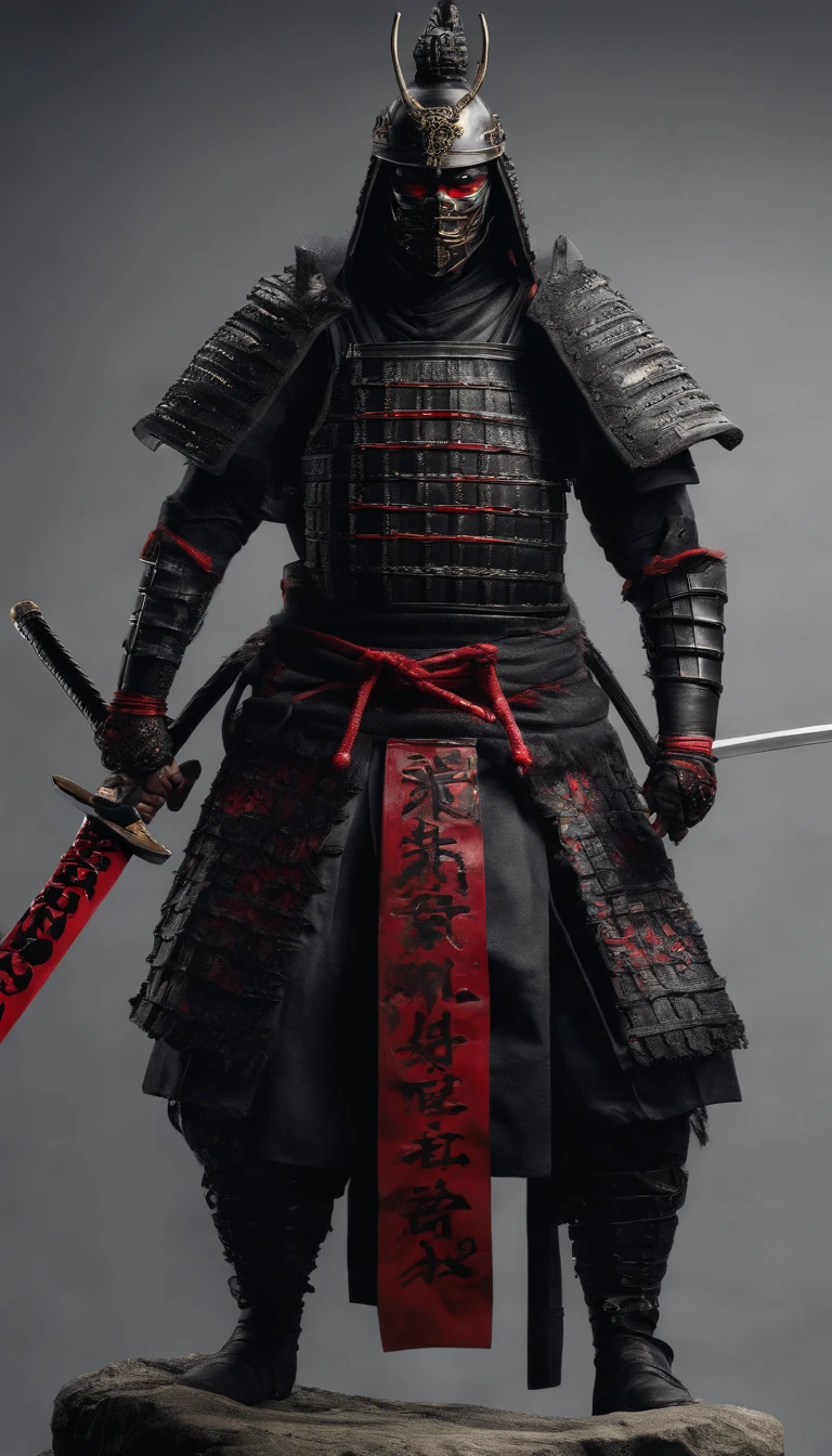 (Best quality,4K,8K,A high resolution,Masterpiece:1.2),Ultra-detailed,(Realistic,Photorealistic,photo-realistic:1.37),Feudal Japanese samurai of the Warring States period, Wearing a full suit of samurai armor, Wearing a black samurai mask, Wielding a sharp katana, Exudes a strong sense of intimidation, Glowing red eyes, Mikawa Samurai