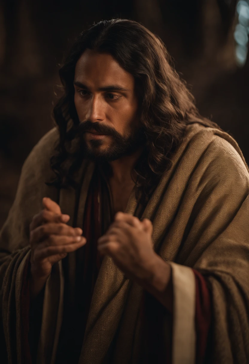 SAN JOSE, Pai de Jesus! Character from the Bible, cena com ele segurando o menino Jesus no colo, Imagem realista 8k
