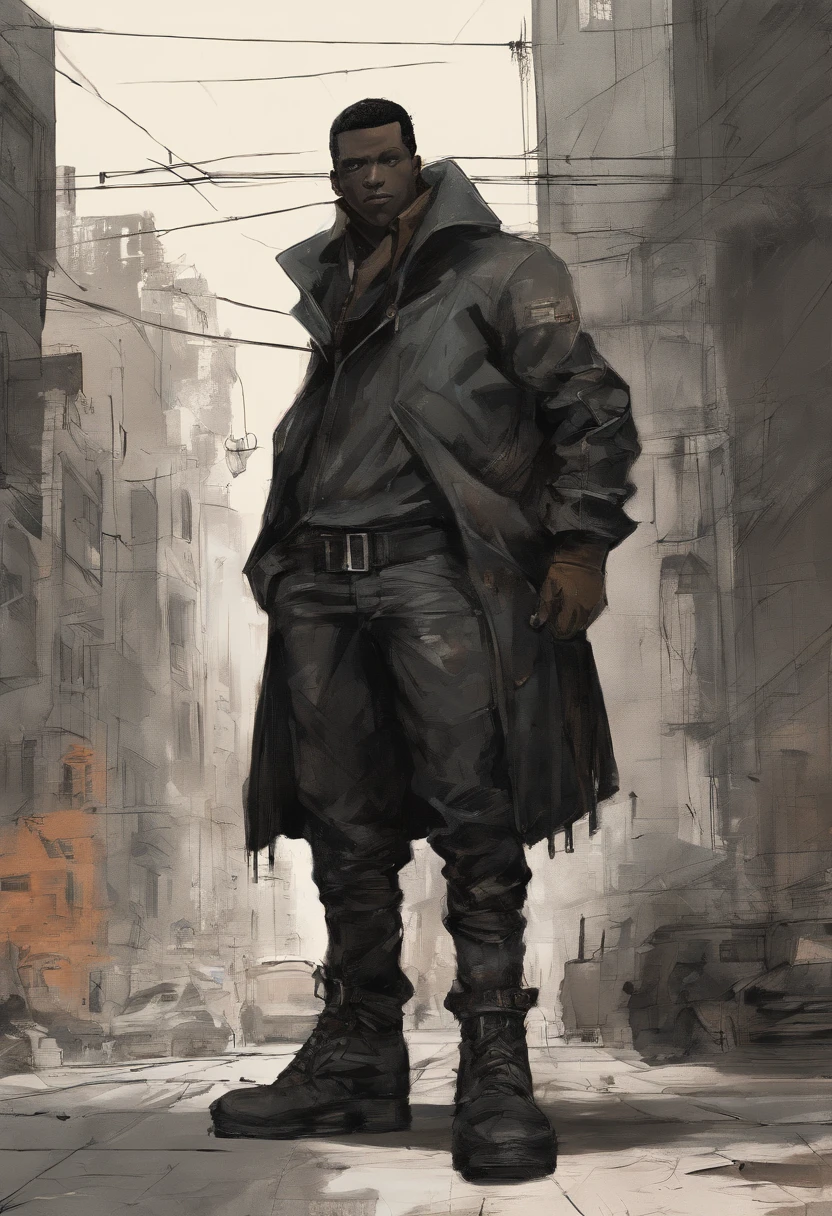 pintura (((um negro))) ((in heavy trousers and leather jacket)), (botas de viagem bege), (Na rua), (cores vivas), (Estilo Pixar)++, Jean-Baptiste Monge, Post-apocalyptic City --Air 2:3 --testp;