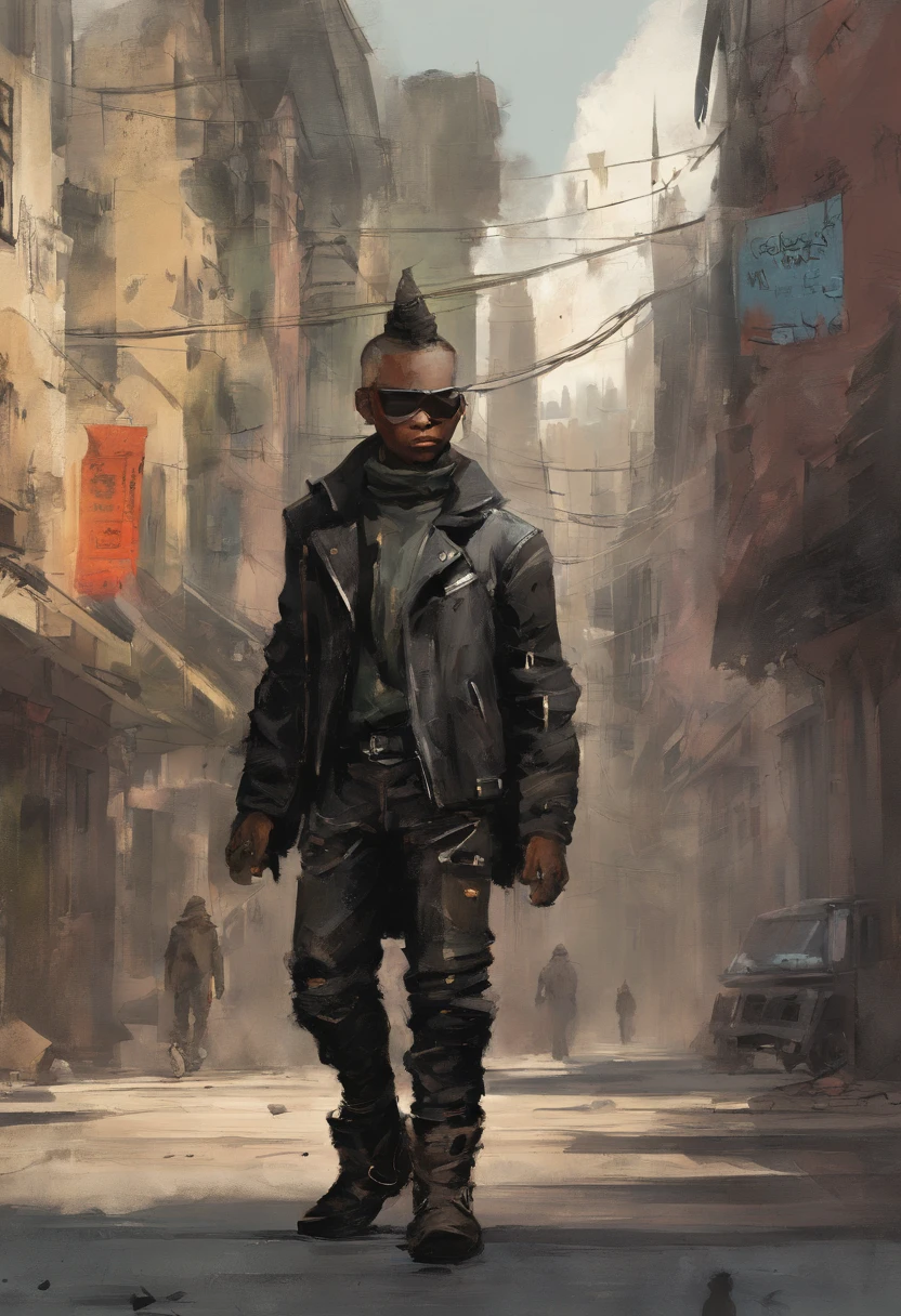 pintura (((um negro))) ((in heavy trousers and leather jacket)), (botas de viagem bege), (Na rua), (cores vivas), (Estilo Pixar)++, Jean-Baptiste Monge, Post-apocalyptic City --Air 2:3 --testp;
