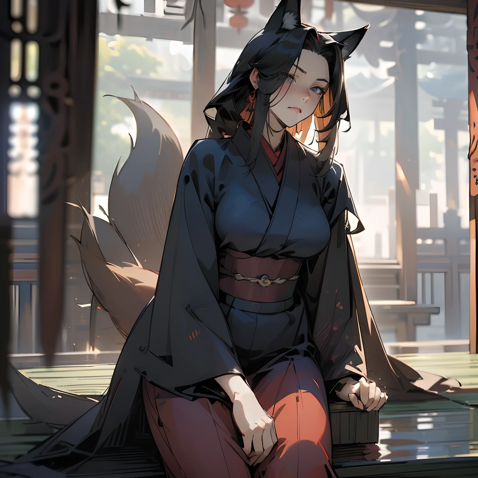 ((masterpiece)),((high resolution)),((best quality)),extremely fine and beautiful, super fine illustration, realistic skin, (insanely detailed anime eyes, eyes focus, face closeup), beautiful detailed girl, supple breasts, front view, facing at viewer, black hair, (Suspicious:1.2), (see-through:0.2), covered, hair covering breasts, covered breasts, covered legs ((black hair)), (very long hair), ((fox ears)), blue eyes, profile, (sophisticated red kimono:1.4), (Obi:1.0), (((dark voluminous fox tail))), (medium-large breasts:1.4), (plump thighs), (muscular:1.6), (wide hips), shallow frown, movie lighting, perfect shadow, realistic lighting shaded, (sitting), (medieval fantasy fountain scenery), 1girl, milf, mature female