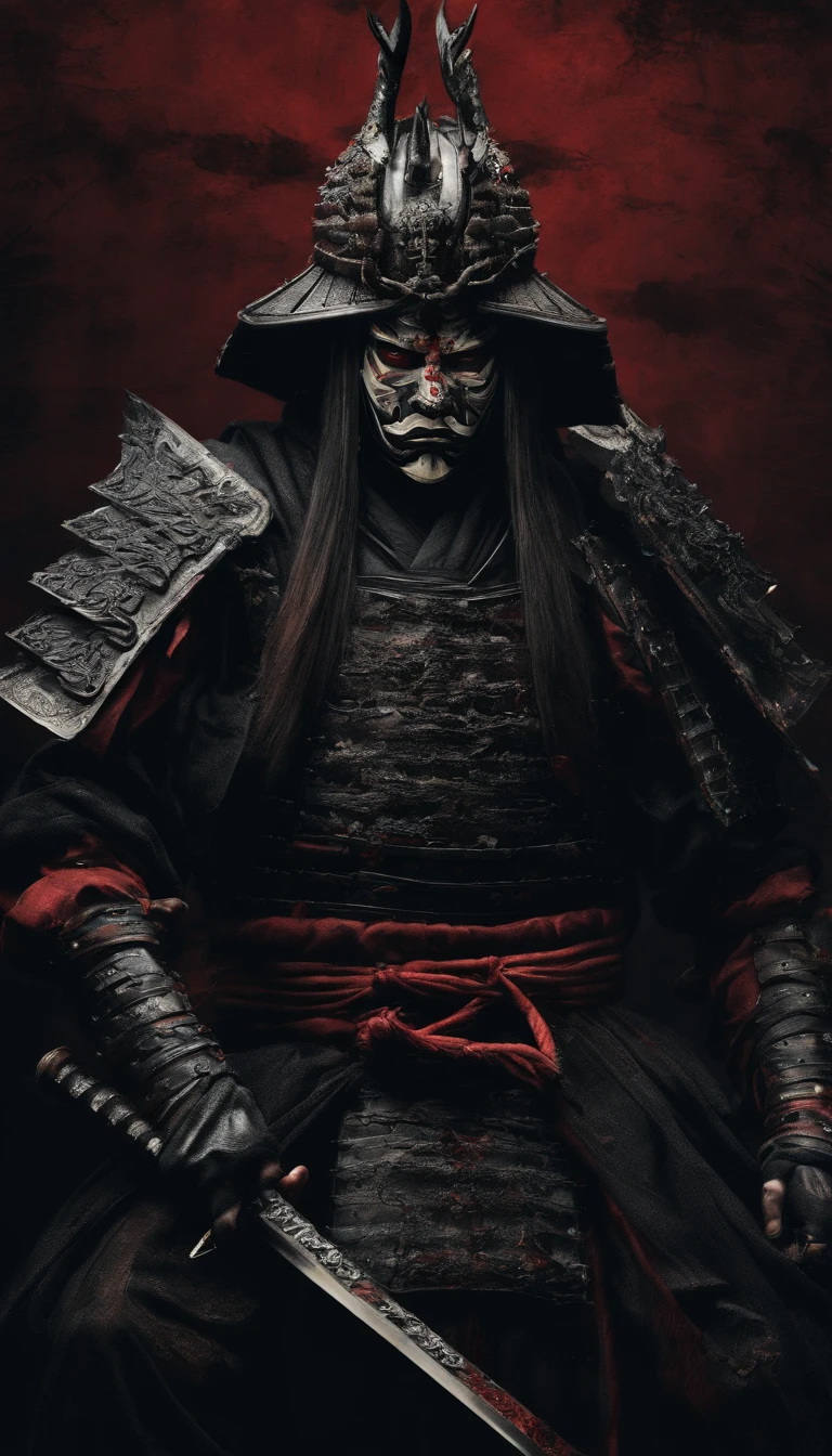 (Best quality,4K,8K,A high resolution,Masterpiece:1.2),Ultra-detailed,(Realistic,Photorealistic,photo-realistic:1.37),Feudal Japanese samurai of the Warring States period, Wearing a full suit of samurai armor, Wearing a black samurai mask, Wielding a sharp katana, Exudes a strong sense of intimidation, Glowing red eyes, Mikawa Samurai