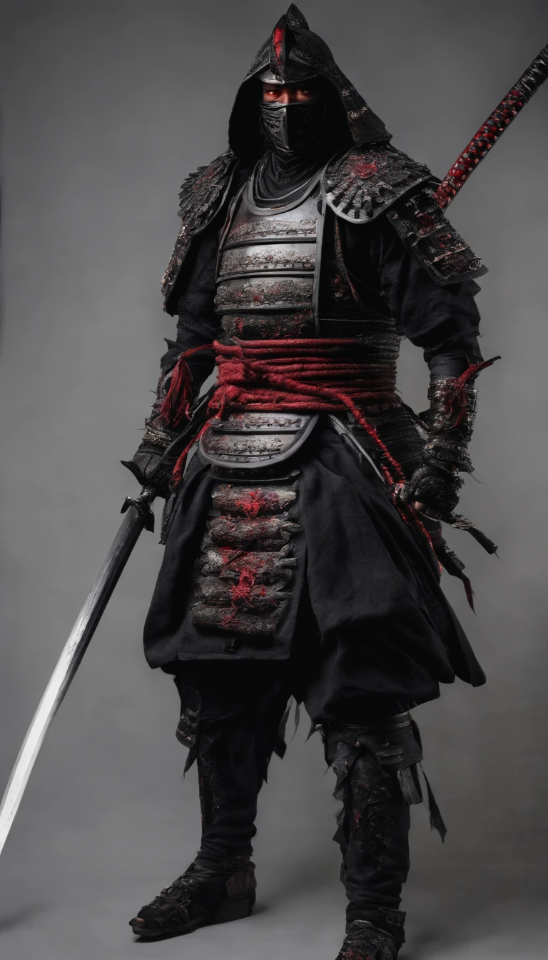 (Best quality,4K,8K,A high resolution,Masterpiece:1.2),Ultra-detailed,(Realistic,Photorealistic,photo-realistic:1.37),Feudal Japanese samurai of the Warring States period, Wearing a full suit of samurai armor, Wearing a black samurai mask, Wielding a sharp katana, Exudes a strong sense of intimidation, Glowing red eyes, Mikawa Samurai