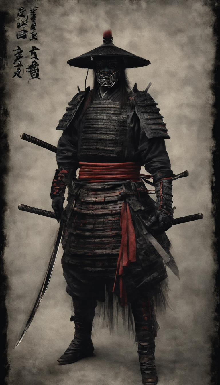 (Best quality,4K,8K,A high resolution,Masterpiece:1.2),Ultra-detailed,(Realistic,Photorealistic,photo-realistic:1.37),Feudal Japanese samurai of the Warring States period, Wearing a full suit of samurai armor, Wearing a black samurai mask, Wielding a sharp katana, Exudes a strong sense of intimidation, Glowing red eyes, Mikawa Samurai