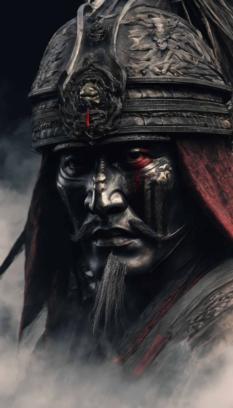 (Best quality,4K,8K,A high resolution,Masterpiece:1.2),Ultra-detailed,(Realistic,Photorealistic,photo-realistic:1.37),Feudal Japanese samurai of the Warring States period, Wearing a full suit of samurai armor, Wearing a black samurai mask, Wielding a sharp katana, Exudes a strong sense of intimidation, Glowing red eyes, Mikawa Samurai