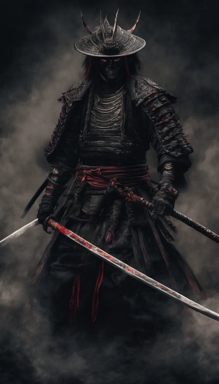 (Best quality,4K,8K,A high resolution,Masterpiece:1.2),Ultra-detailed,(Realistic,Photorealistic,photo-realistic:1.37),Feudal Japanese samurai of the Warring States period, Wearing a full suit of samurai armor, Wearing a black samurai mask, Wielding a sharp katana, Exudes a strong sense of intimidation, Glowing red eyes, Mikawa Samurai