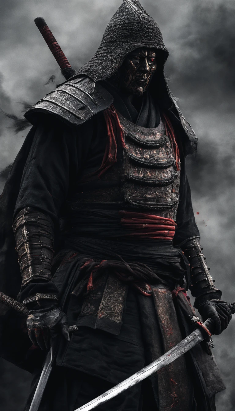 (Best quality,4K,8K,A high resolution,Masterpiece:1.2),Ultra-detailed,(Realistic,Photorealistic,photo-realistic:1.37),Feudal Japanese samurai of the Warring States period, Wearing a full suit of samurai armor, Wearing a black samurai mask, Wielding a sharp katana, Exudes a strong sense of intimidation, Glowing red eyes, Mikawa Samurai