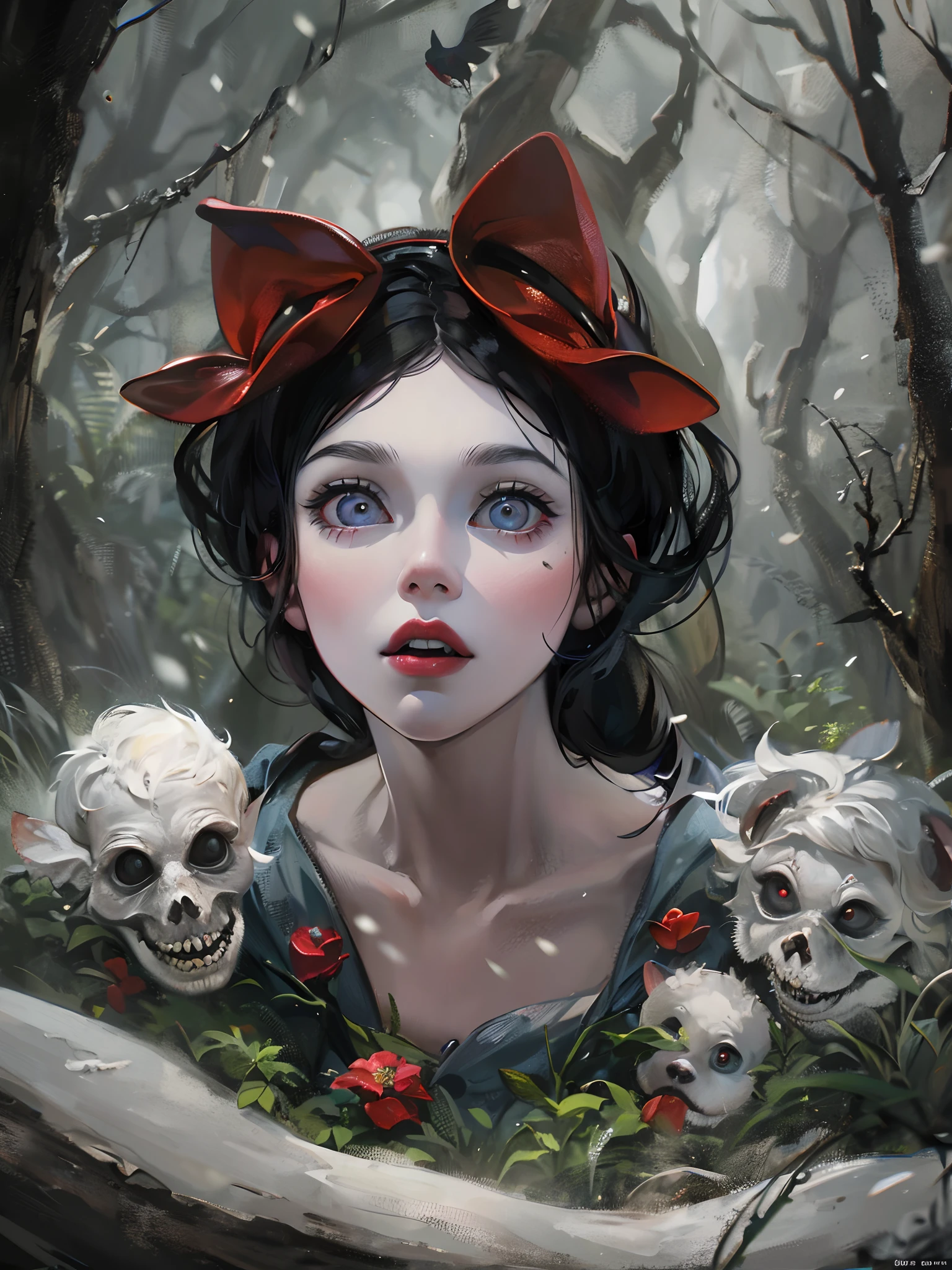 Absurdres masterpiece HDR high quality picture of a random scene from Snow White portrait with a Tim Burton theme style