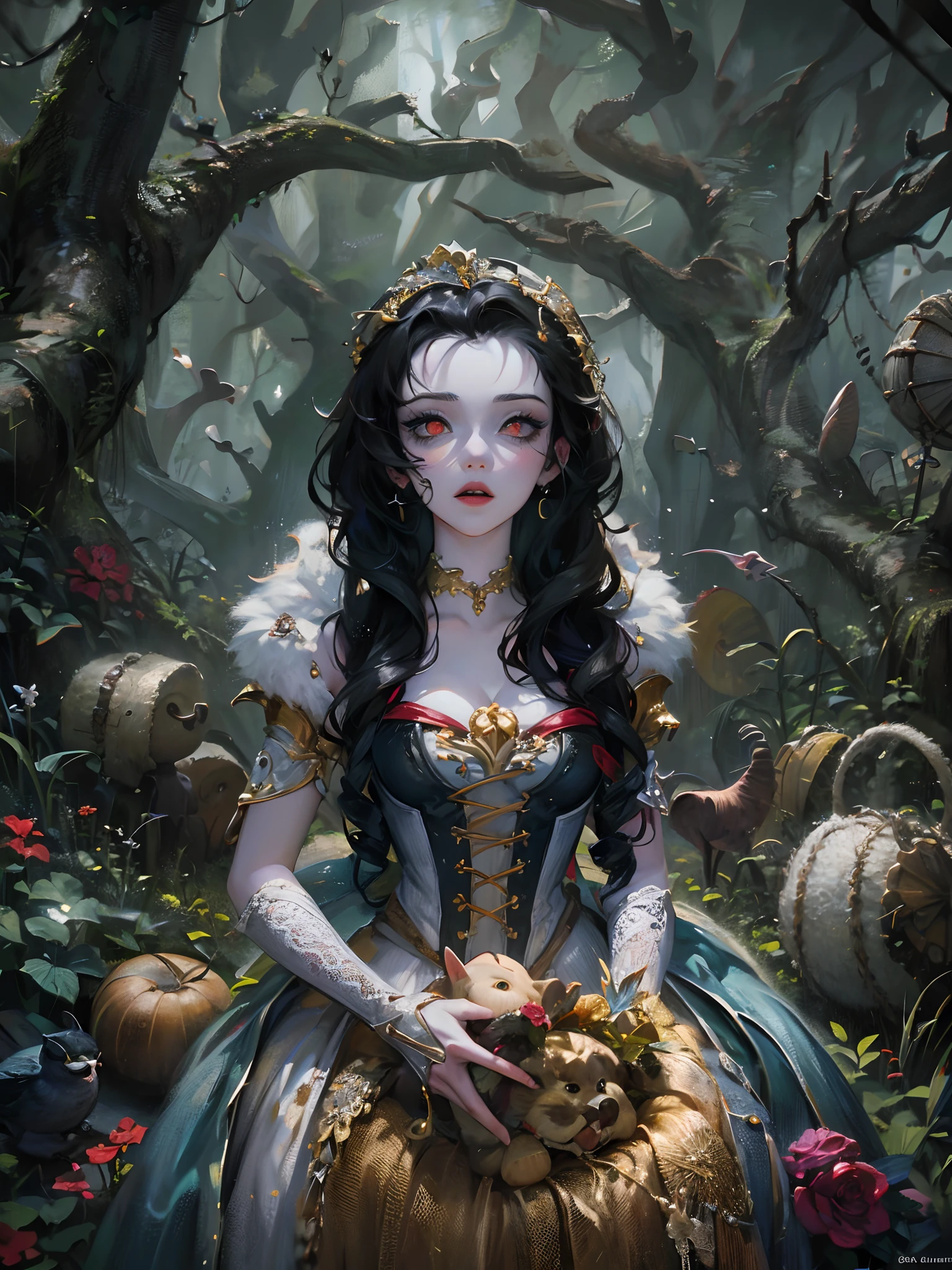 Absurdres masterpiece HDR high quality picture of a random scene from Snow White portrait with a Tim Burton theme style