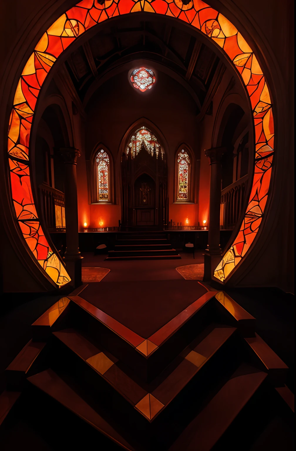 A red-halled church with stained glass windows casting beautiful red light on the black carpet, high ceilings, and gothic architecture. The stained glass depicts intricate designs of saints and biblical scenes. The red light illuminates the space, creating a warm and ethereal atmosphere. The black carpet is plush and luxurious, adding depth to the room.
The stained glass windows are the focal point, with vibrant red, orange, and yellow hues. The colors play beautifully against the dark surroundings, creating a striking contrast. The intricate patterns and details in the stained glass showcase the expert craftsmanship that went into creating them.
The hall is spacious, with high ceilings, ornate pillars, and arches. The gothic architecture adds a sense of grandeur and timelessness to the space. The walls are adorned with religious paintings and symbols, further enhancing the spiritual aura of the hall.
The red light bounces off the walls, creating a soft glow that envelops the room. The warm tones give the space a sense of tranquility and serenity. The flickering candlelight adds to the magical ambiance, casting dancing shadows on the walls.
The black carpet stretches across the floor, adding a touch of elegance and sophistication. It is soft to the touch, providing a luxurious feel underfoot. The contrast between the red light and the black carpet enhances the overall visual effect of the hall.
The overall image is of a mesmerizing and enchanting space, where the interplay of light and color creates a captivating atmosphere. The stained glass, the red light, and the black carpet come together to form a stunning visual composition. It is a masterpiece of art and architecture, evoking a sense of awe and reverence. The viewer is transported to a different time and place, immersed in the beauty and splendor of the red-halled church.
(best quality, 4k, 8k, highres, masterpiece:1.2), ultra-detailed, (realistic, photorealistic, photo-realistic:1.37), stained glass,