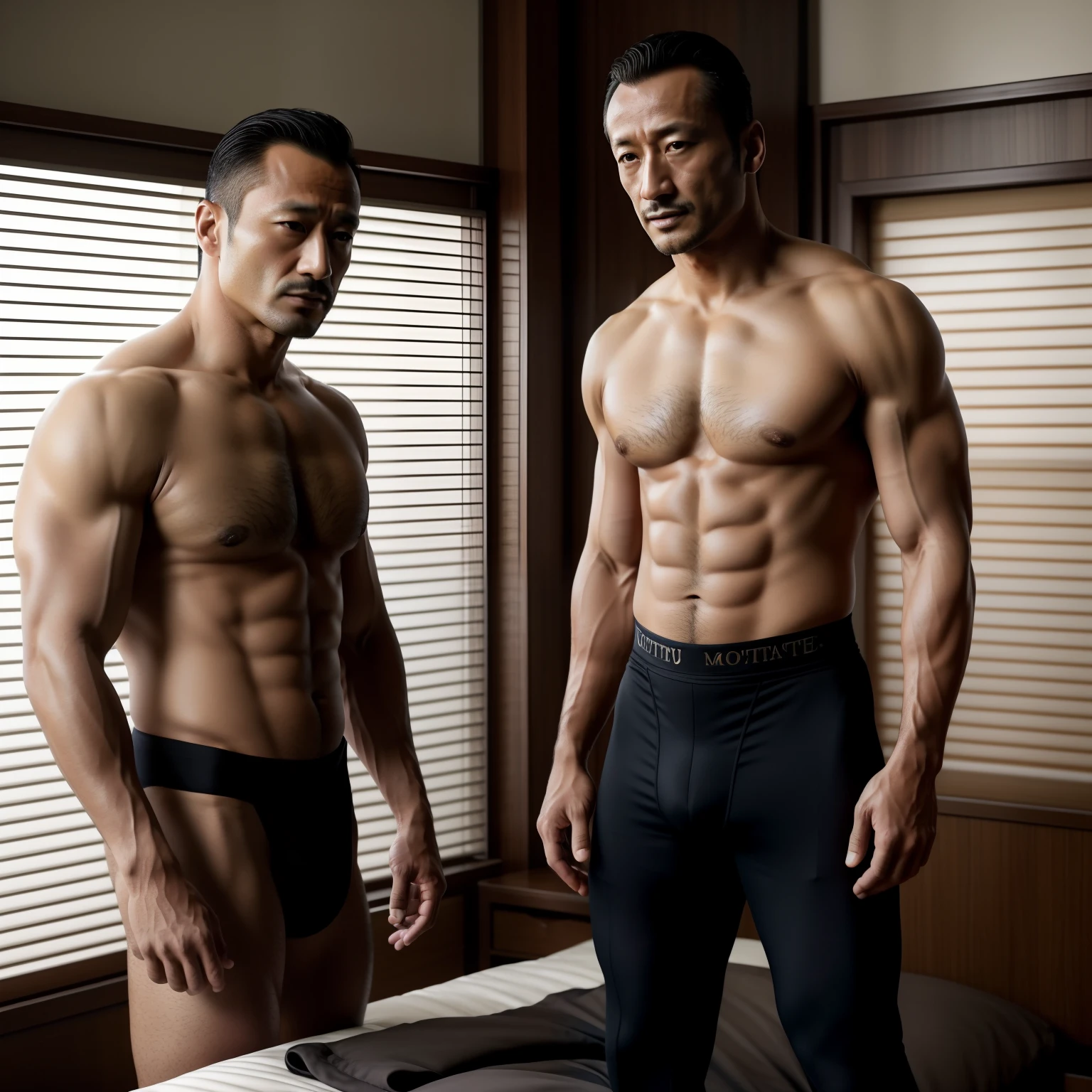 50yearsold,Hidetoshi Nakata ,(Kogoro Mouri 1.3),Shirtless,Thick chest hair,black long socks,tmasterpiece,fortitude,Two muscular men standing,Business suit,sensual lingerie,Crotch contour,little beard,full bodyesbian