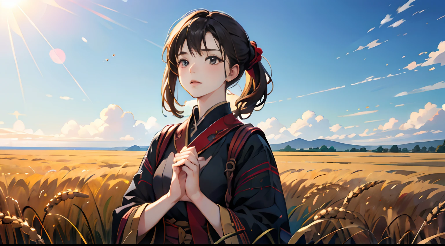 Fresh painting style，In the wheat field，girl with，Keep hands away from sunlight，Bright sky，Looking Up，Anime characters，ultra - detailed，Highly realistic，tmasterpiece，8K，hyper HD，