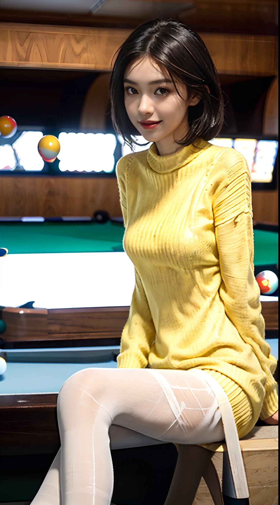 (shoulder length straight short black hair:0.8), （Extremely meticulous CG 8k wallpaper），（Extremely refined and beautiful），（Masterpiece），（best qualtiy：1.0），（Ultra High Resolution：1.0），beautiful light up，Perfect lightning，realistic shaded，[A high resolution]，Smooth and flawless fair skin，Extremely exquisite facial details,(perfect body:1.1），ultra - detailed,A beautiful girl,small head,(Small breasts:1.1),Flat chests,slim,thin,Smile,cheerfulness,(yellow sweater dress:1.5),(white pantyhose:1.4),(In billiards hall:1.5),(Sitting on a billiard table:1.5),bright lights,Portrait photo,from side,cowboy shot,full body