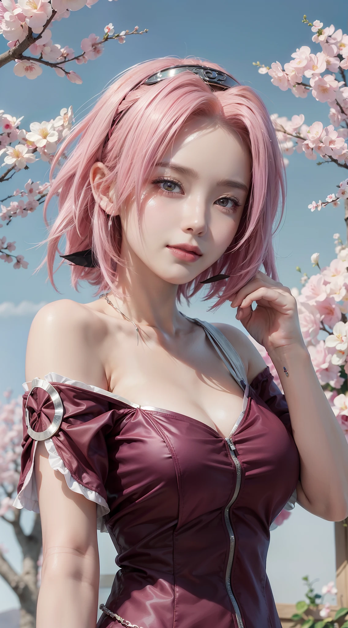 (masterpiece), (best quality), 8k resolution, 1girl, Haruno sakura ,in anime (Naruto) , realistic ,Higt photos HDR ,beautiful girl, stunning beauty, mature female, 30yo, perfect body, nightgown, belly waist chain, smile, indoor, pink short hair