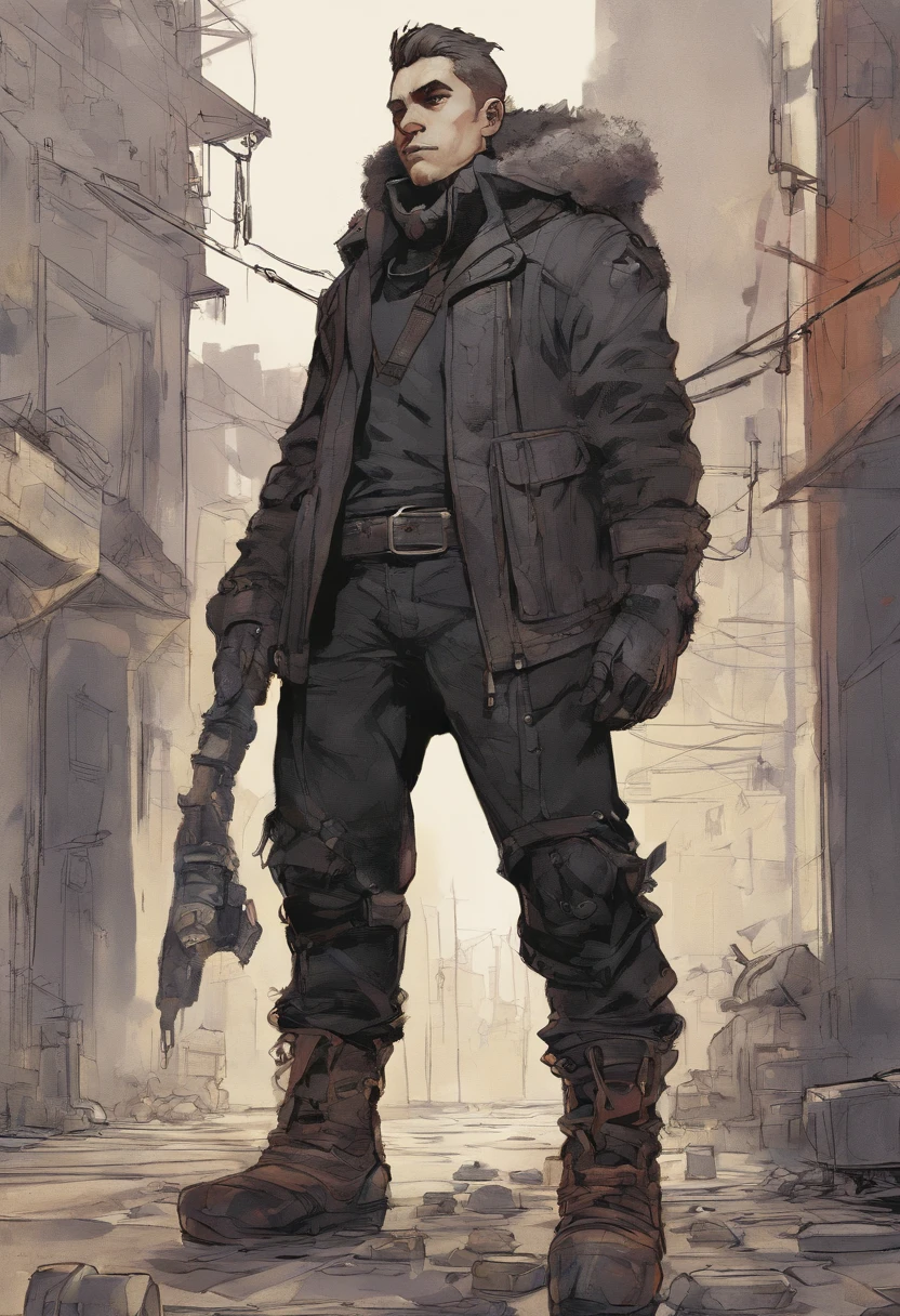 pintura (((um negro))), (cabelo desgrenhado), ((in heavy pants and leather jacket)), (botas de viagem bege), (Na rua), (cores vivas), (Dentro do bar), post-apocalyptic city, (Estilo Pixar)++, Jean-Baptiste Monge, --Air 2:3 --testp;