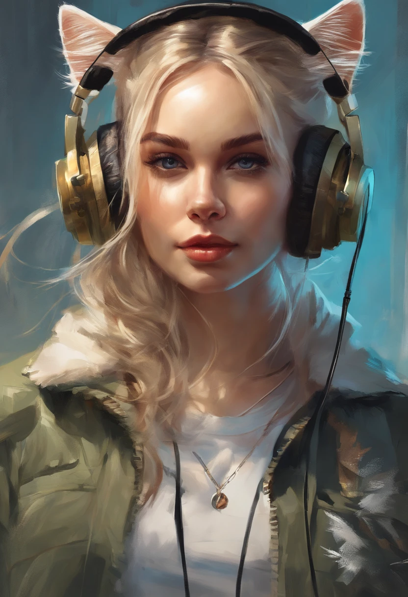 Perfect centering, Cute kitten, Wear a student team jacket, Wearing sunglasses, Wearing headphones, cheerfulness, Standing position, Abstract beauty, Centered, Looking at the camera, Facing the camera, Approaching perfection, Dynamic, Highly detailed, Smooth, Sharp Focus, 8K, hight resolution, Illustration, art by carne griffiths and wadim kashin, White background